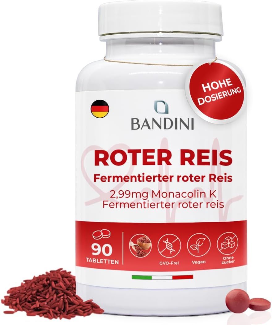 Bandini Roter Reis Tabletten. Weiße Flasche mit rotem Etikett. Text: Roter Reis, 90 Tabletten. Rote Tabletten daneben.
