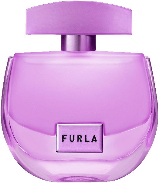 Flakon von Furla Mistica EdP Nat. Spray. Lila Glasflakon mit silbernem Verschluss und rechteckigem Label mit Furla-Schriftzug.