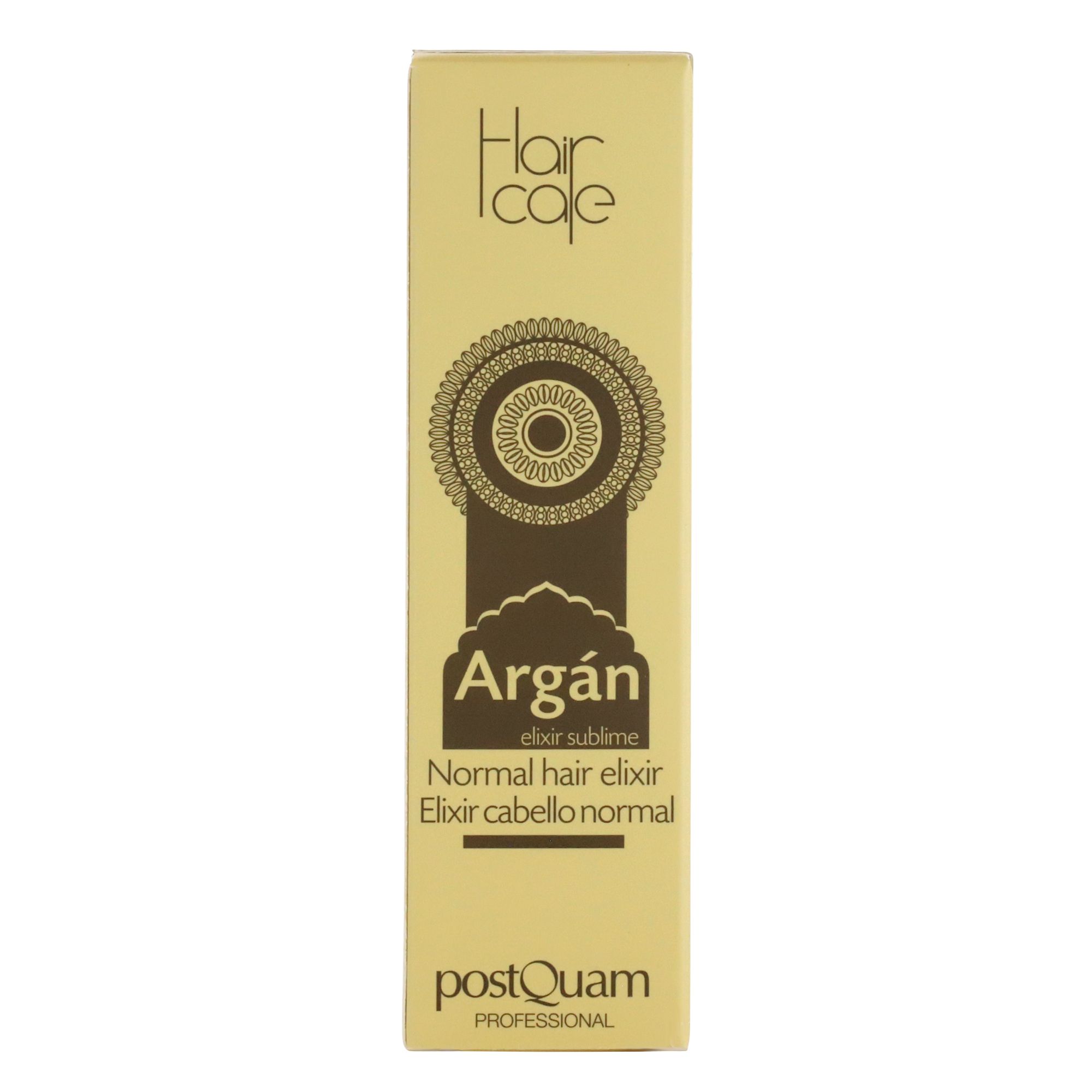 Kartonverpackung mit Produktbezeichnung und Logo. Beige und braune Farben.