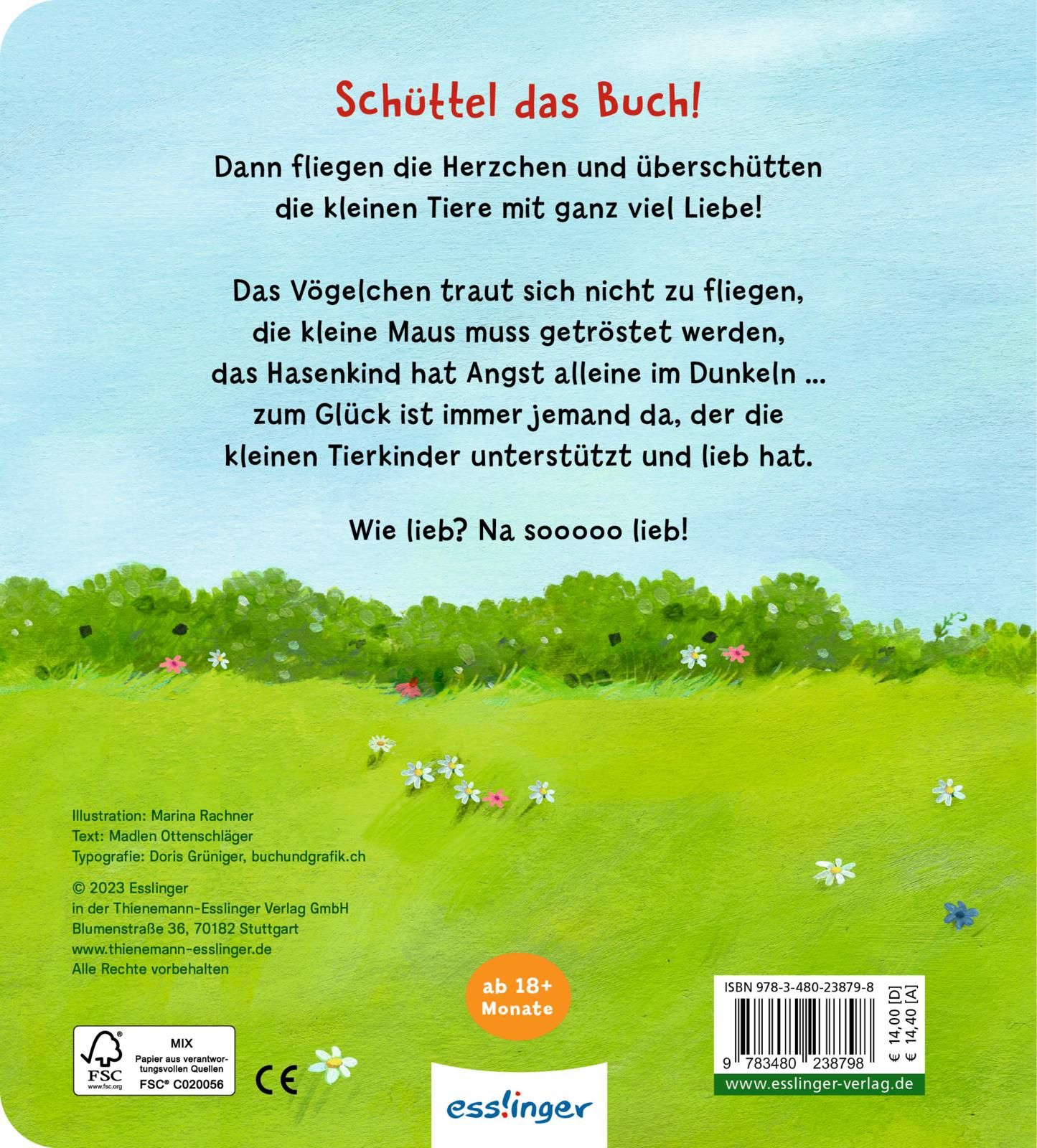 Rückseite des Buches "Schüttel das Buch!". Text, Illustrationen, Logo, Altersangabe, ISBN, FSC-Siegel.
