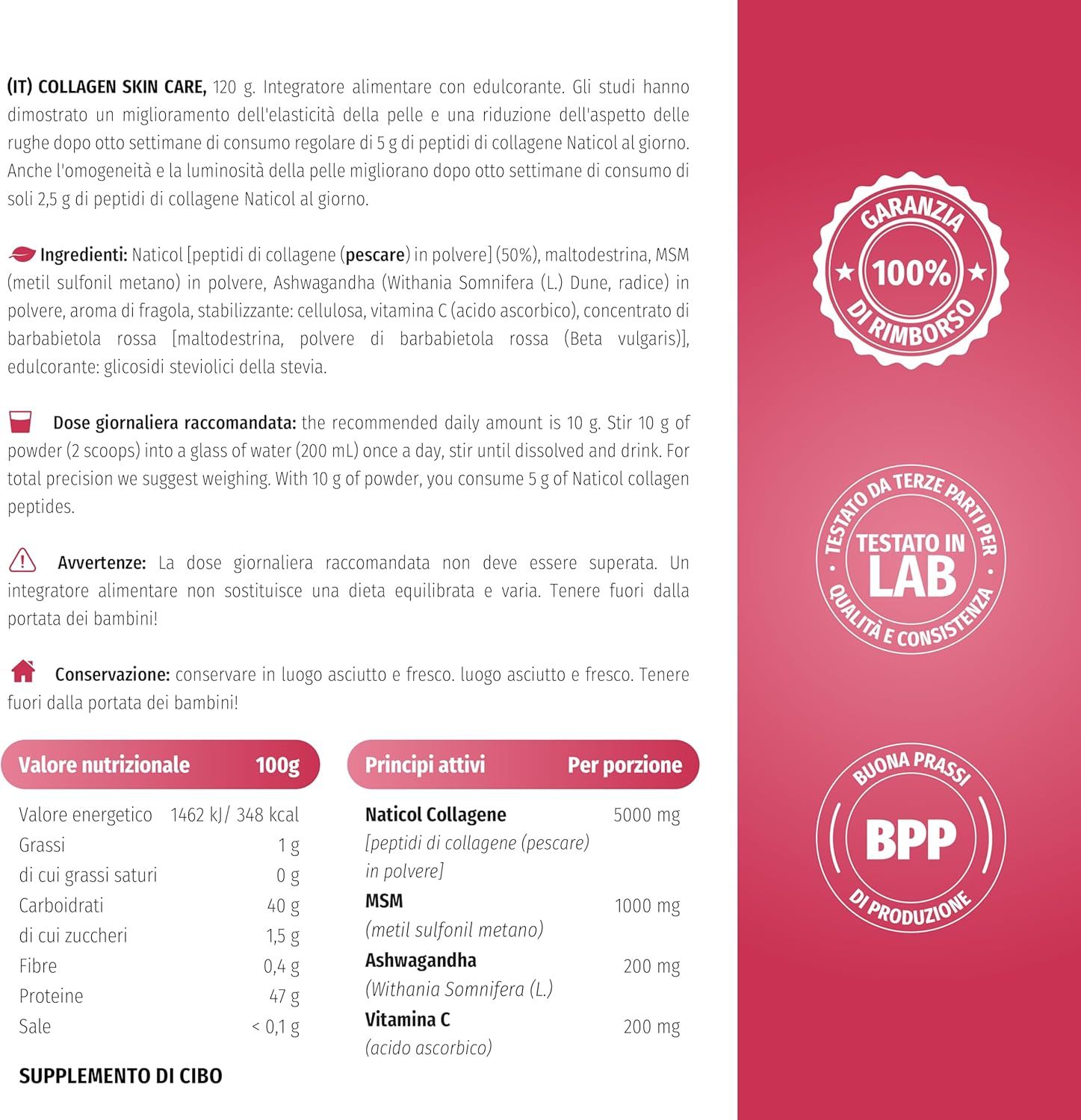 Produktinformationen auf rosa Hintergrund. Inhaltsstoffe, Nährwerte, empfohlene Tagesdosis. 100% Geld-zurück-Garantie.