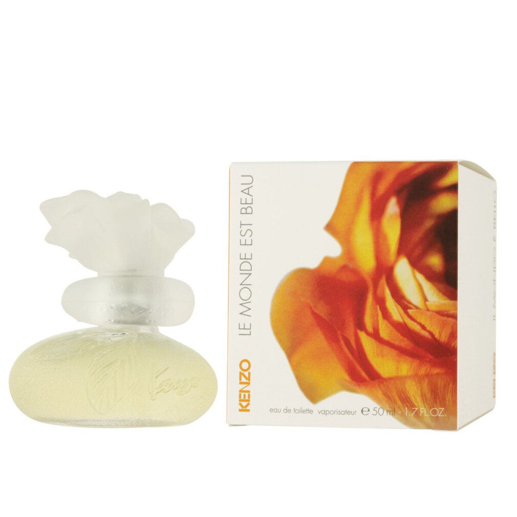 Kenzo Le Monde Est Beau. Parfümflakon und Verpackung. Flakon mit Blumendeckel. Karton mit Rosenmotiv.