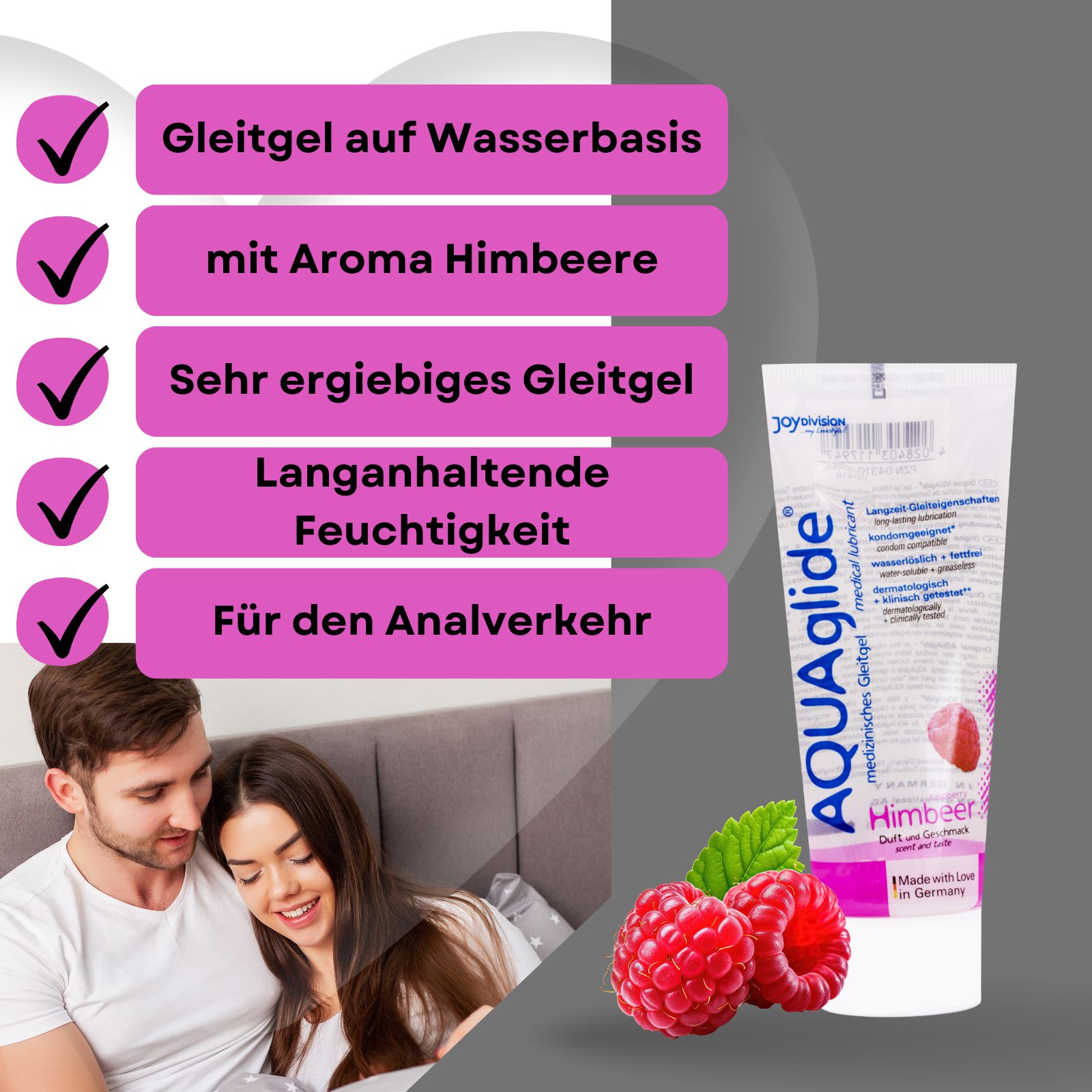 AQUAglide Gleitgel Himbeere, Tube und Paar. Text: wasserbasiert, Himbeeraroma, ergiebig, Feuchtigkeit, Analverkehr.