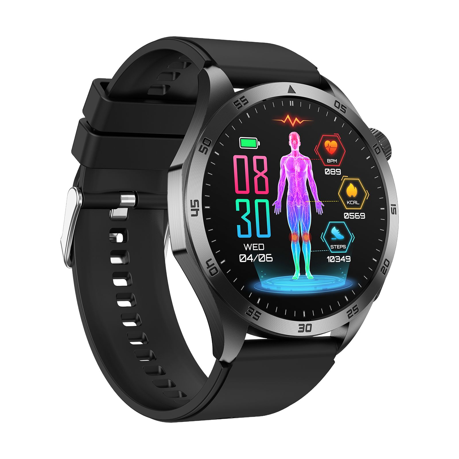 Smartwatch mit schwarzem Armband. Rundes Zifferblatt mit Gesundheitsdaten: Puls, Kalorien, Schritte. Anzeige von Datum und Uhrzeit.