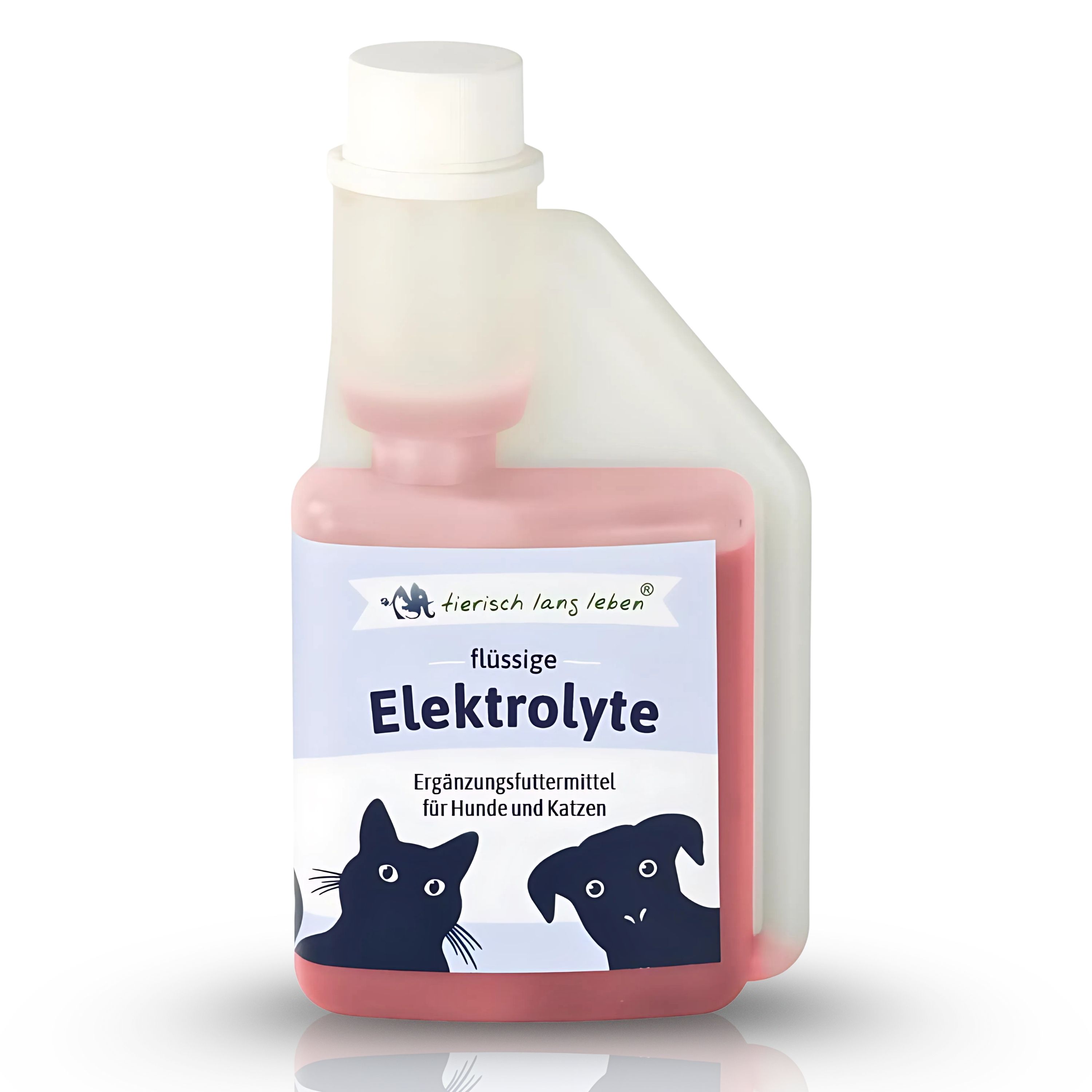 Flasche mit Flüssigkeit. Aufschrift: Flüssige Elektrolyte für Hunde und Katzen. Logo mit Katze und Hund.
