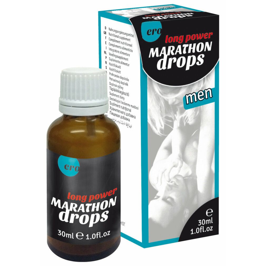Flasche und Karton von Marathon Drops, mit Abbildung eines Paares und Text 'men'.