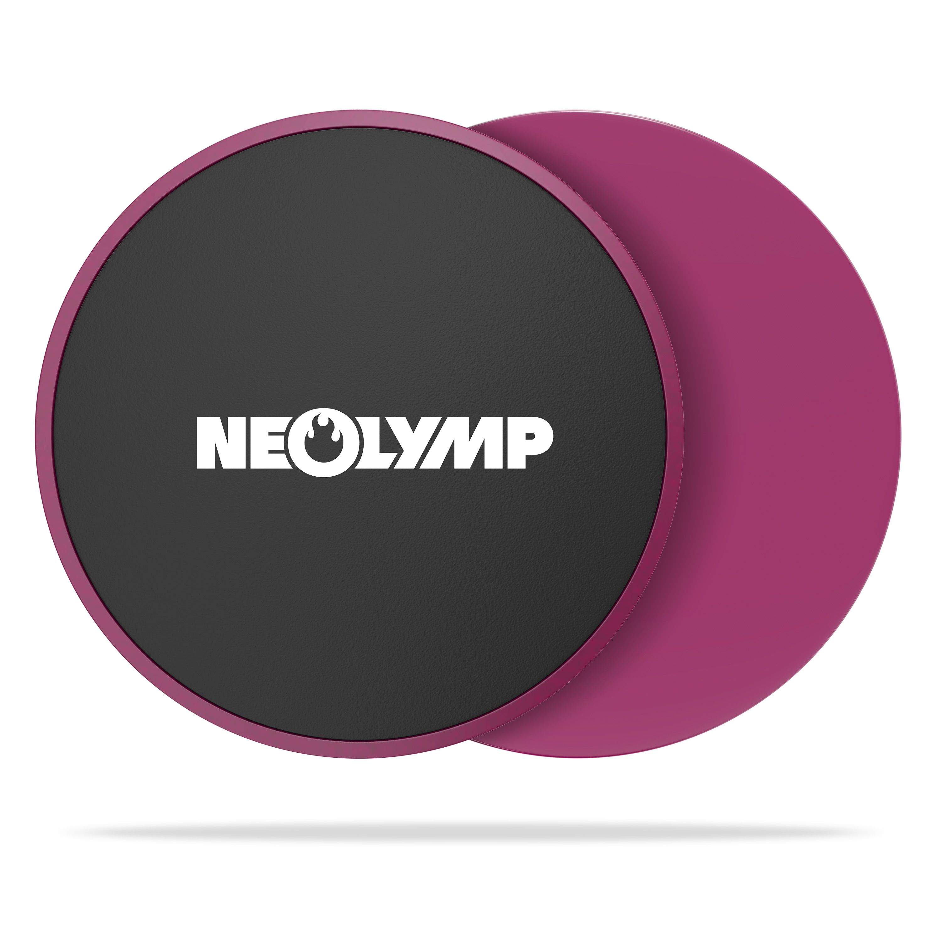 Zwei runde, violette Pilates-Slider mit schwarzer Oberseite und weißem NEOLYMP Logo auf weißem Hintergrund.