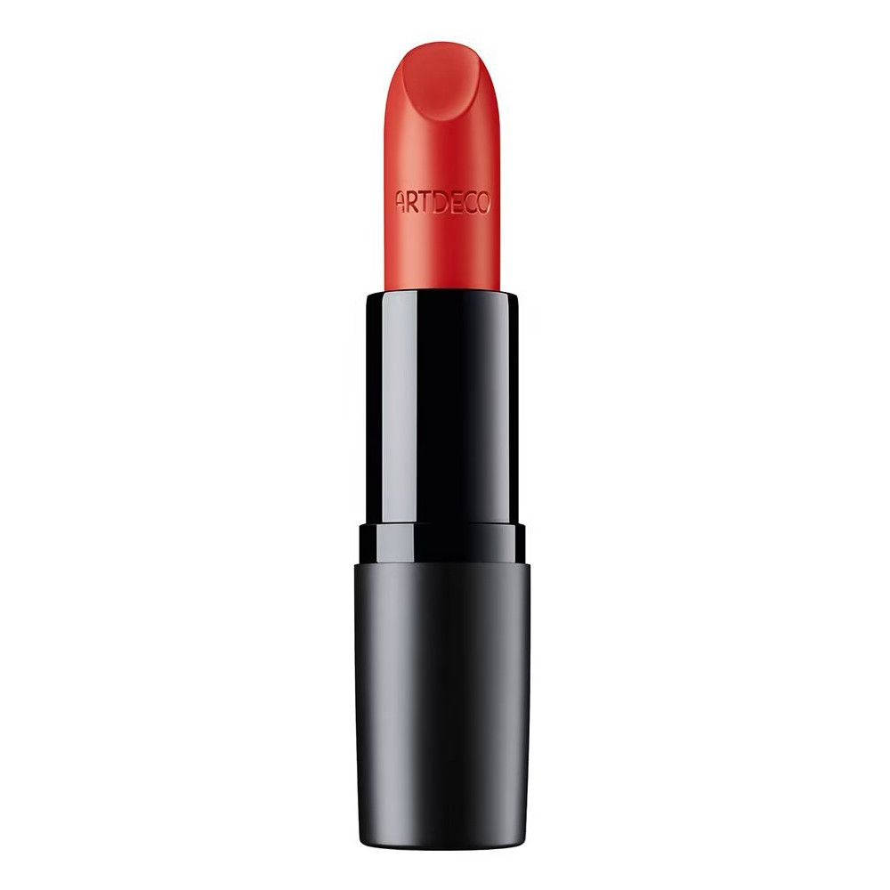 Orangeroter Lippenstift, ARTDECO-Logo. Schwarzer, zylindrischer Halter. Lippenstiftspitze abgerundet.