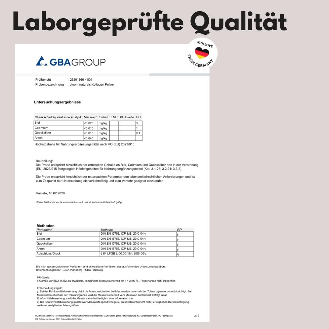 Laborgeprüftes Qualitätszertifikat. Aufschrift: GBA Group. Mit Liebe aus Deutschland. Testergebnisse für Kollagen Pulver.