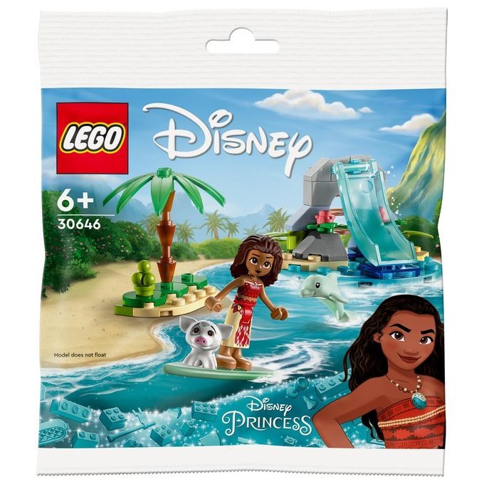 LEGO Disney Princess 30646 La baia dei delfini di Vaiana. La confezione mostra Vaiana, un maiale, un delfino e uno scivolo d'acqua. Il set è adatto a bambini dai 6 anni in su. Il logo LEGO e la scritta Disney sono ben visibili.