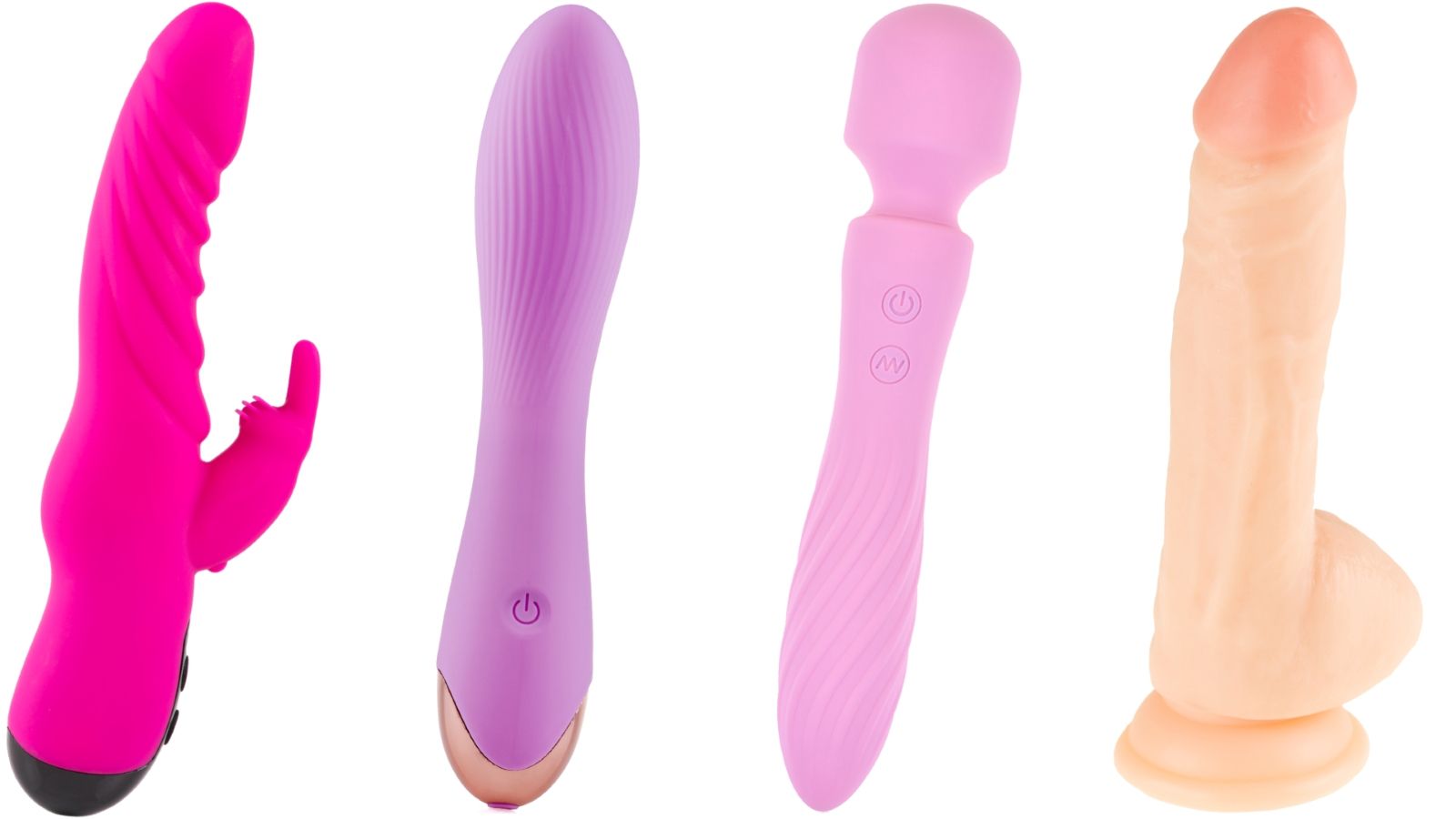 Vier Erotikspielzeuge: pinkfarbener Vibrator, lila Vibrator, rosa Vibrator und beigefarbener Dildo.