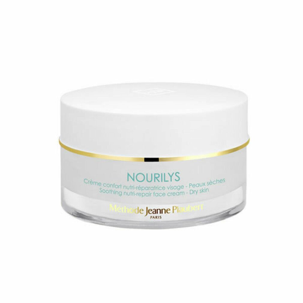 Creme-Tiegel mit weißem Deckel und transparentem Behälter. Goldener Ring. Text: Nourilys, Crème confort nutri-réparatrice visage - Peaux sèches.