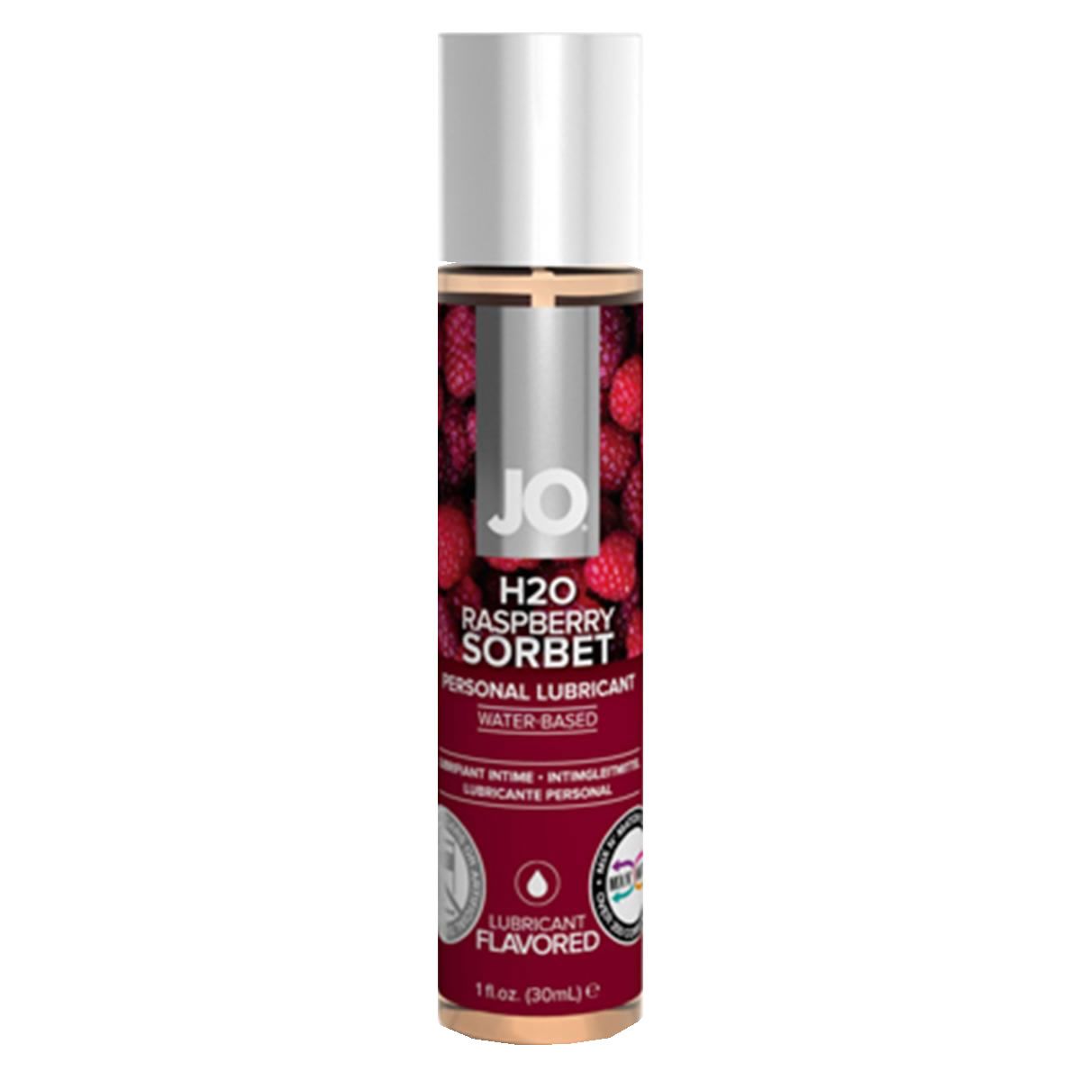 Zylinderförmige Flasche mit silbernem Deckel. Aufschrift: JO, H2O Raspberry Sorbet, Personal Lubricant, Water Based. Roter Hintergrund mit Himbeeren.