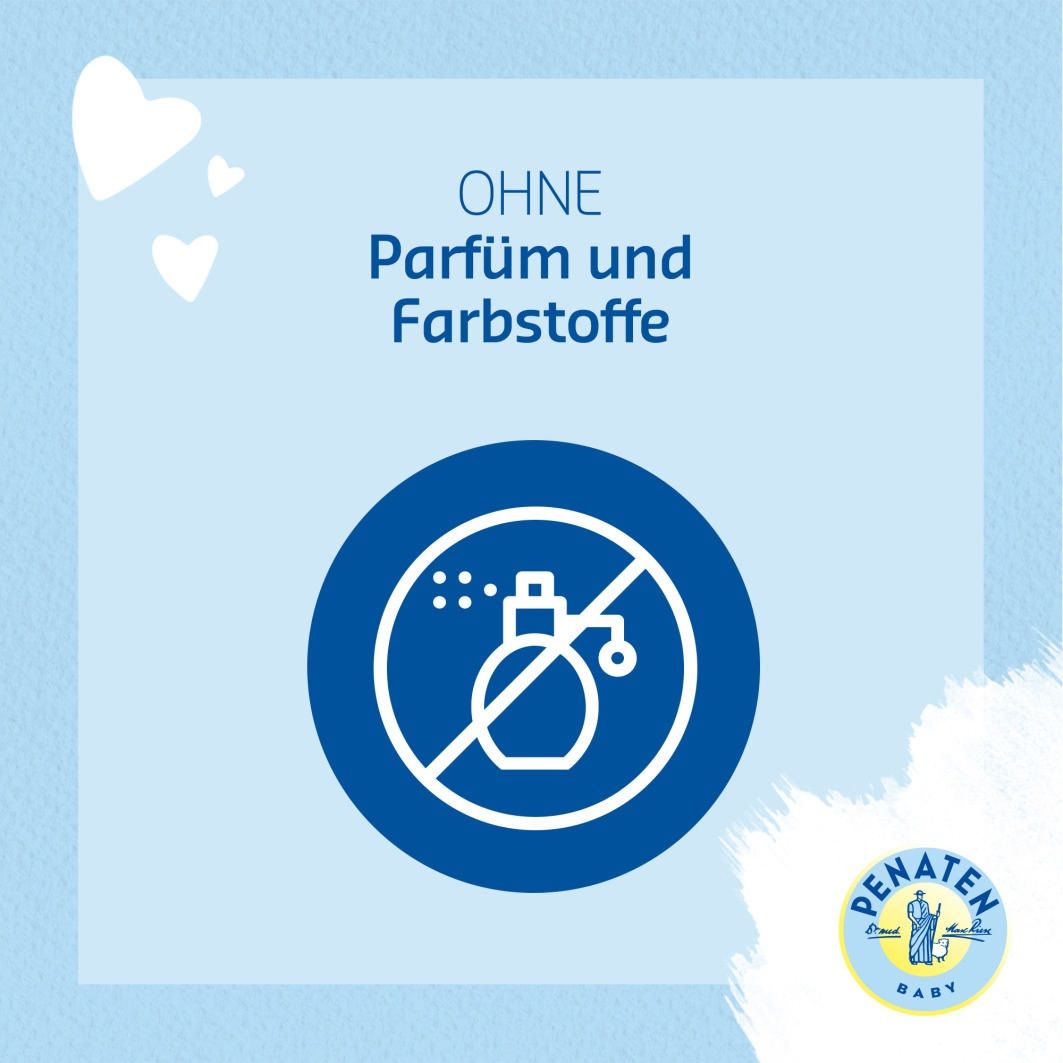 Blauer Hintergrund mit Text: OHNE Parfüm und Farbstoffe. Logo PENATEN® Baby. Symbol: Durchgestrichenes Parfümflakon.