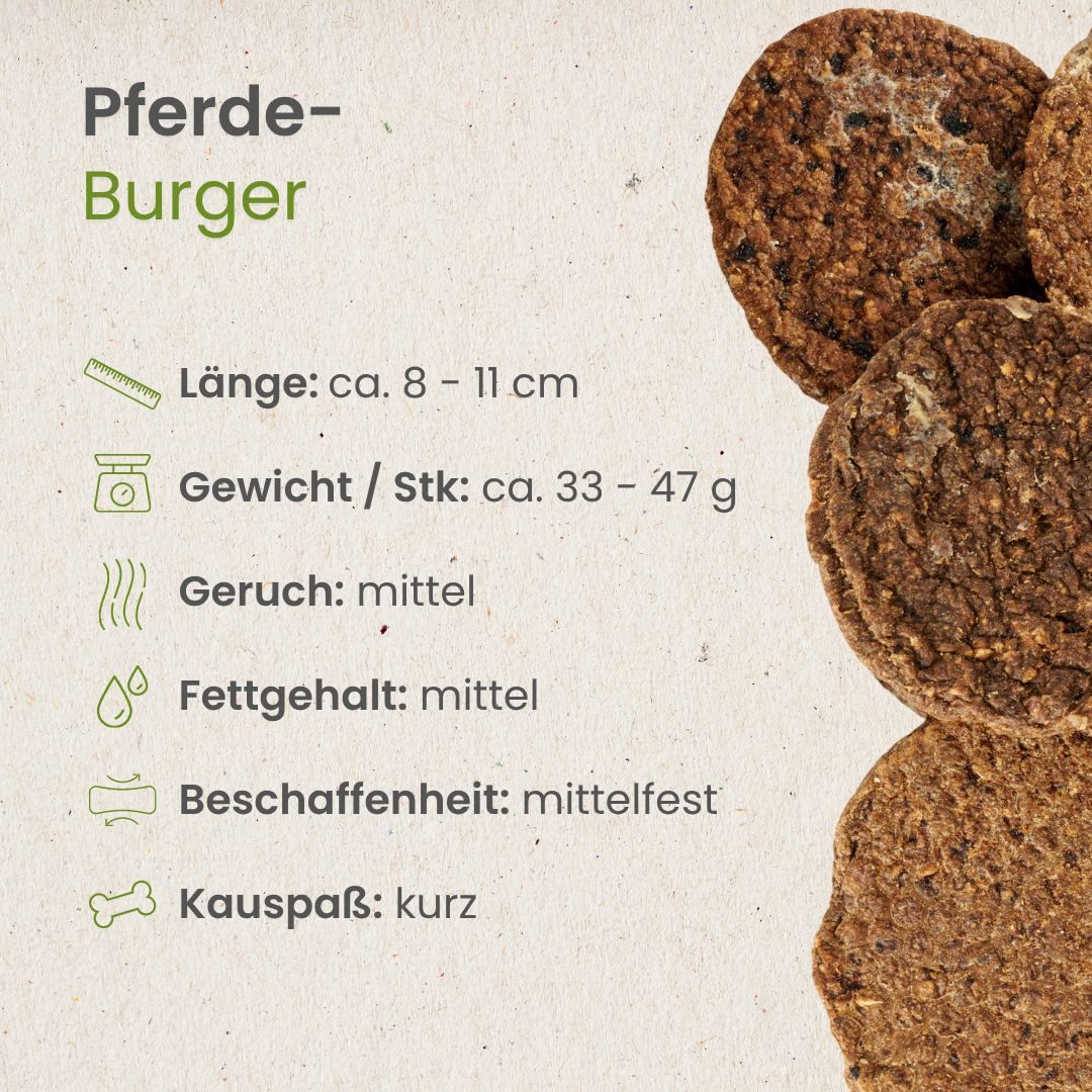 Pferde-Burger Hundeleckerli, ca. 8-11 cm lang, 33-47 g schwer, mittelfest.