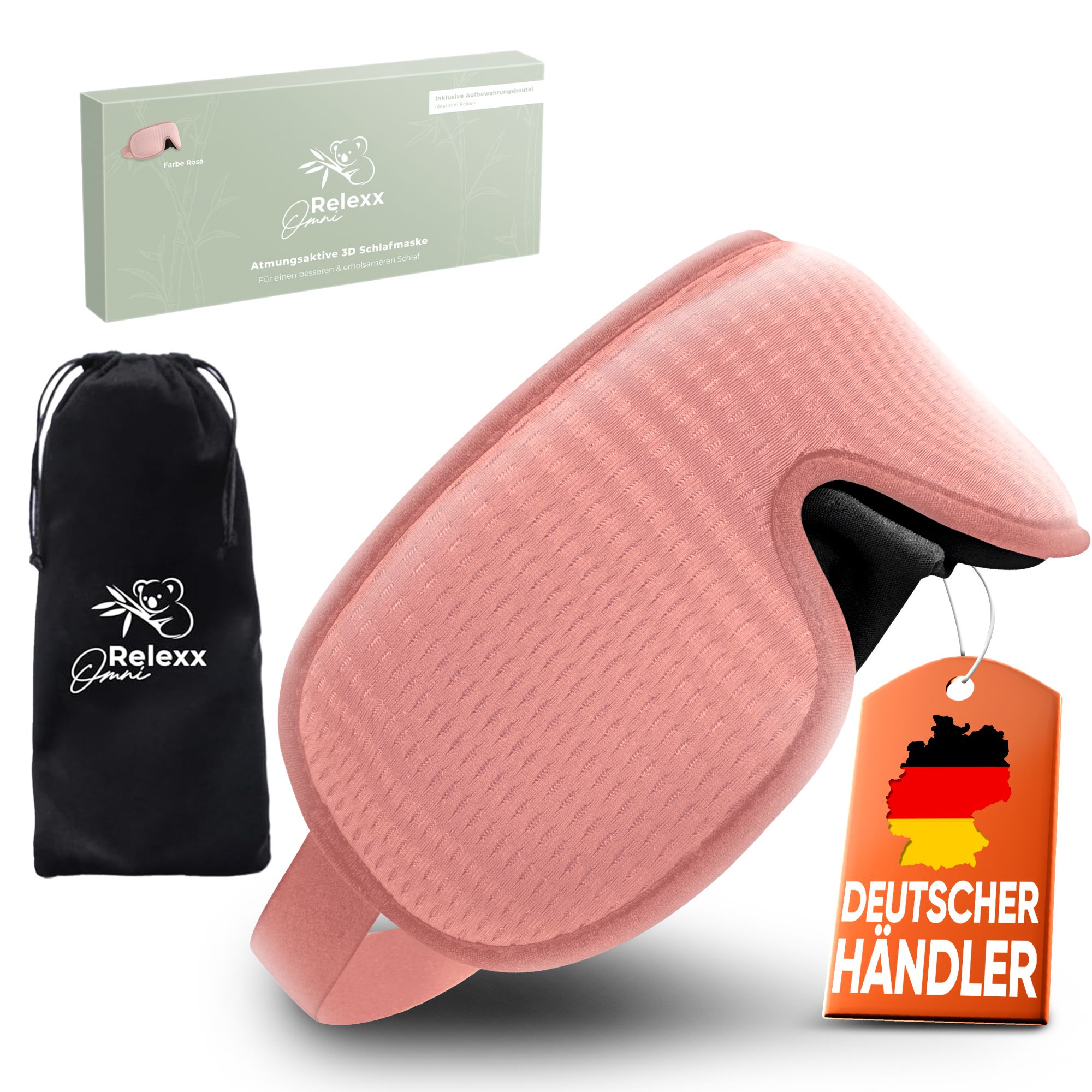 Rosa 3D-Schlafmaske, Reisebeutel, Verpackung. Deutscher Händler-Siegel. Marke OmniRelexx.