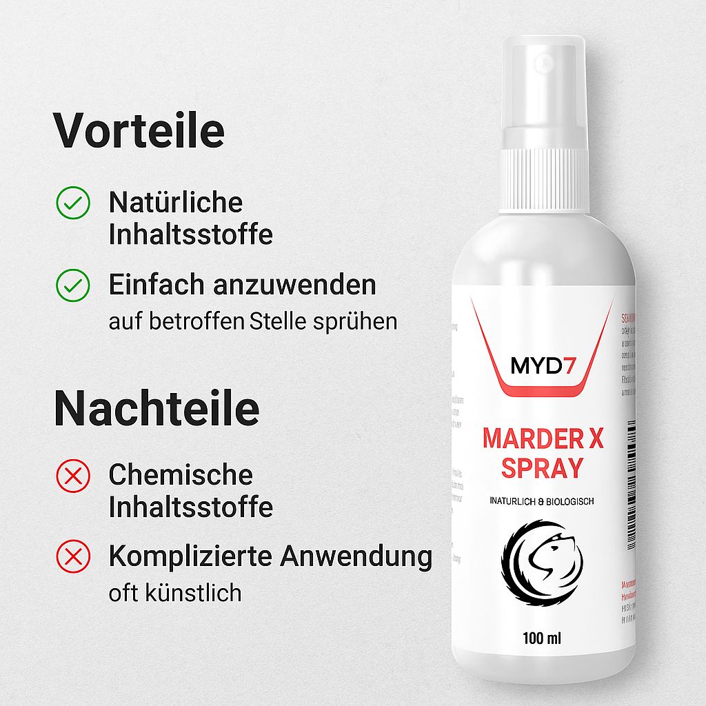 Weiße Sprühflasche mit roter und schwarzer Beschriftung. Aufschrift: MYD7, Marder X Spray, 100 ml. Logo: Marder. Text: Vorteile, Nachteile.