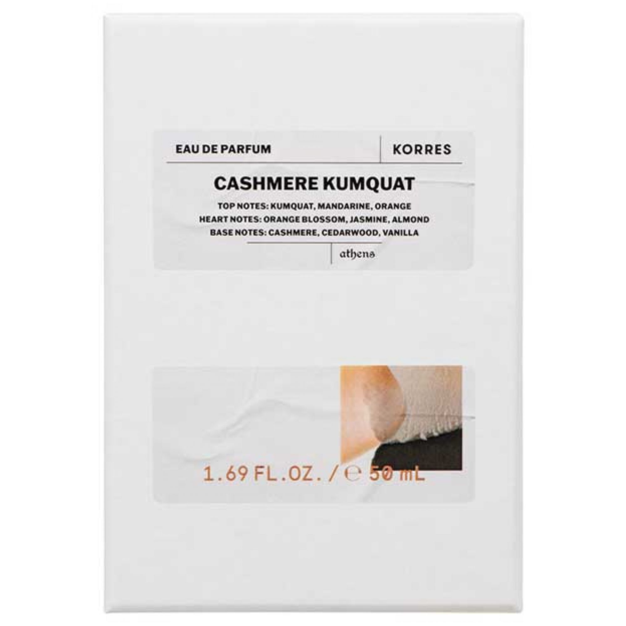 Weiße Produktverpackung für Korres Eau de Parfum Cashmere Kumquat 50ml mit Etikett.
