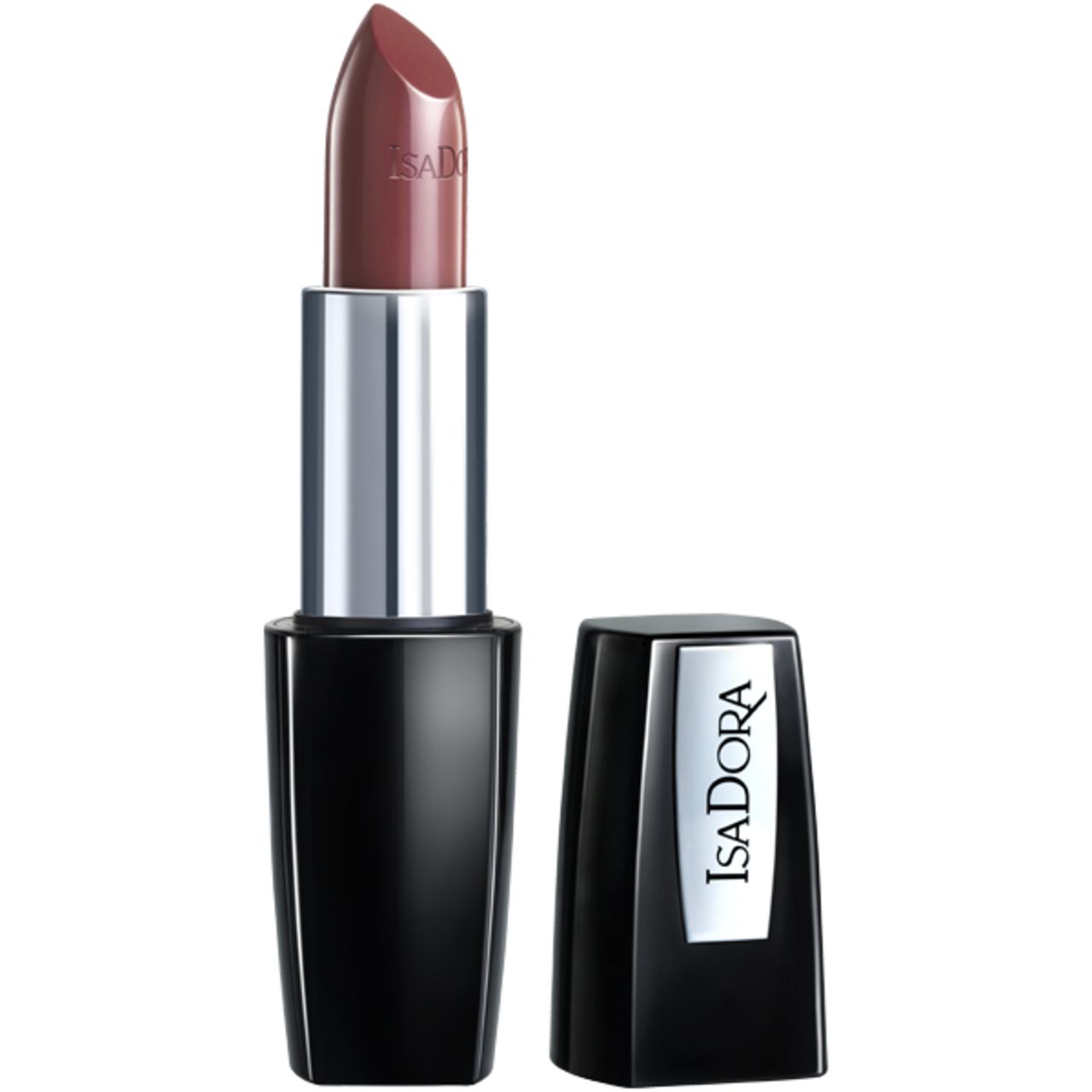 Lippenstift mit geöffneter Kappe. Schwarzer Behälter, silberne Hülse, rosafarbene Lippenstiftspitze. Marke: IsaDora.