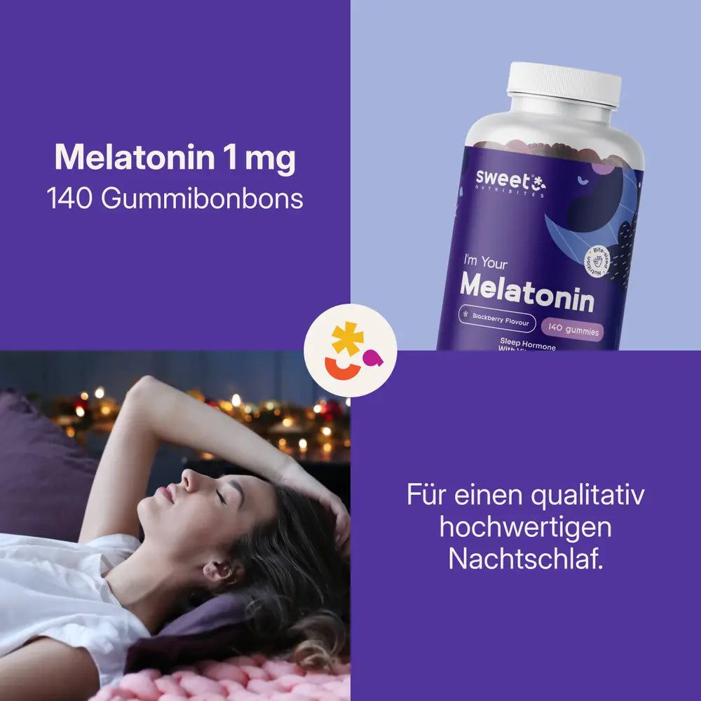 Flasche mit Gummibärchen. Text: Melatonin 1 mg, 140 Gummibonbons. Frau liegt im Bett. Text: Für einen qualitativ hochwertigen Nachtschlaf.