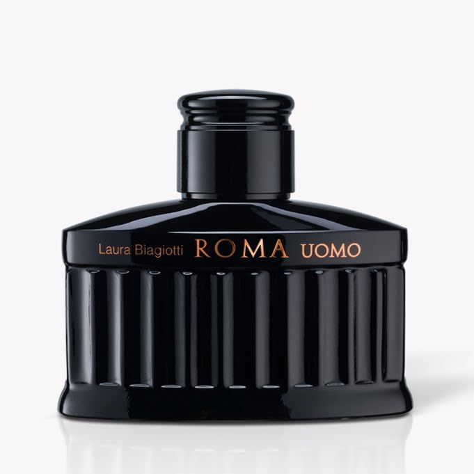Laura Biagiotti Roma Uomo Eau de Parfum Flakon, schwarzes, geripptes Design, auf grauem Hintergrund.