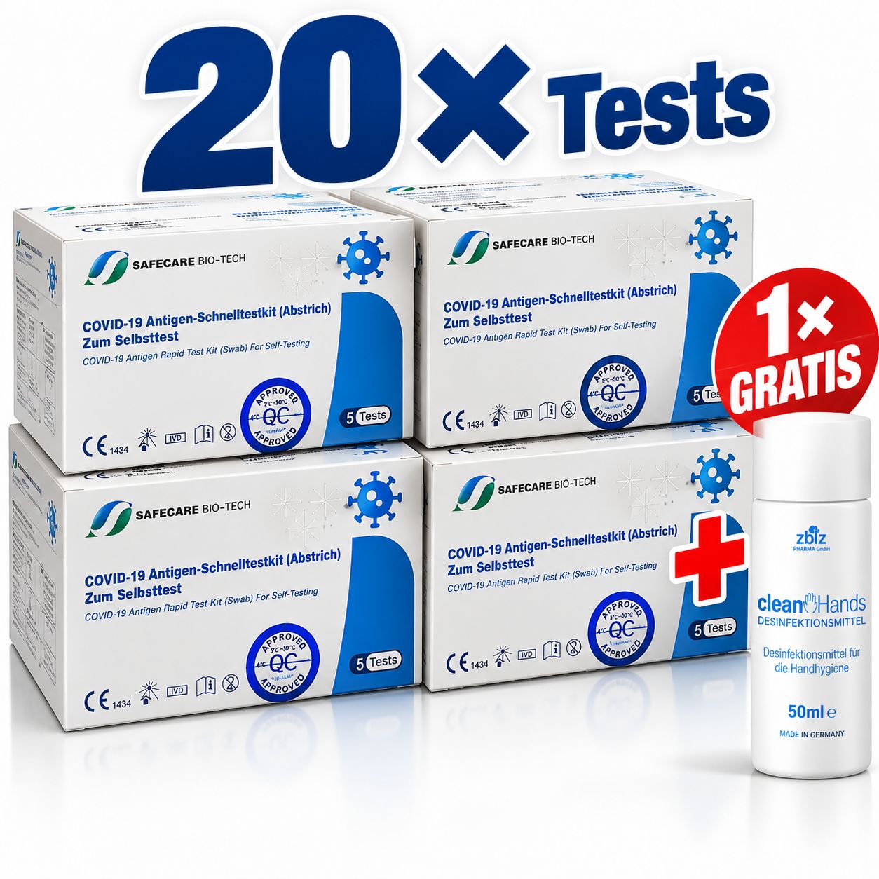 Safecare - 5er Packungen Covid19 Selbsttest & Gratis ZWZ Desinfektionsmittel 20 St Test