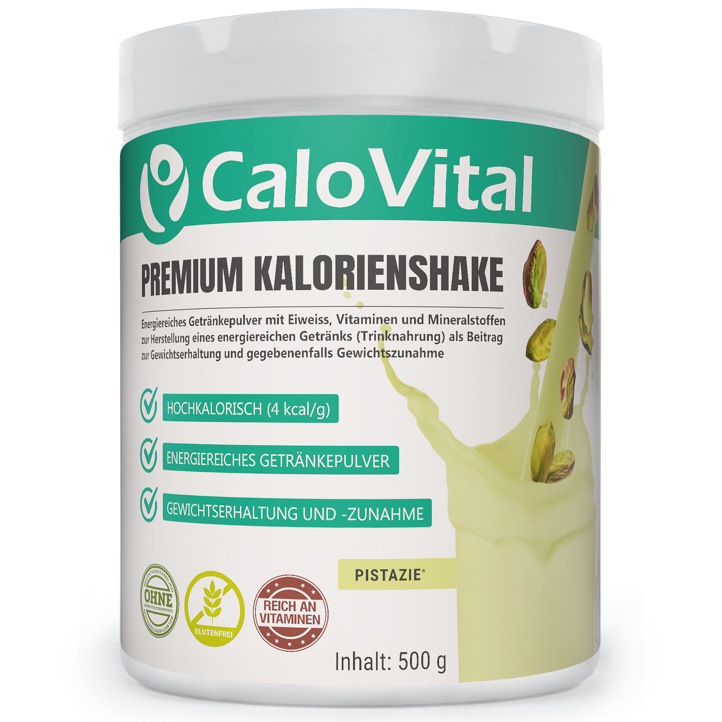 Weißer Behälter mit CaloVital-Logo und Aufschrift "Premium Kalorienshake". Enthält Pistazie. Text: "Hochkalorisch", "energiereich".