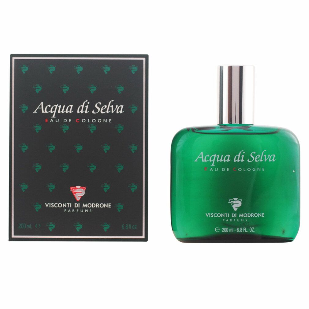 Grüne Glasflasche und Schachtel. Aufschrift: Acqua di Selva Eau de Cologne. Marke: Visconti di Modrone. Schwarze Verpackung mit Muster.