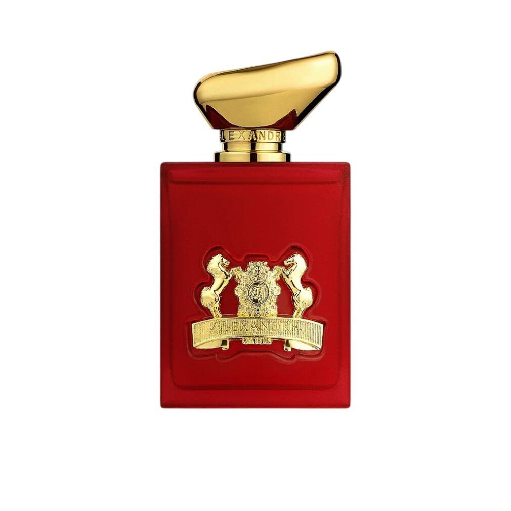 Rote Parfumflasche mit goldenen Details. Goldener Verschluss. Logo.