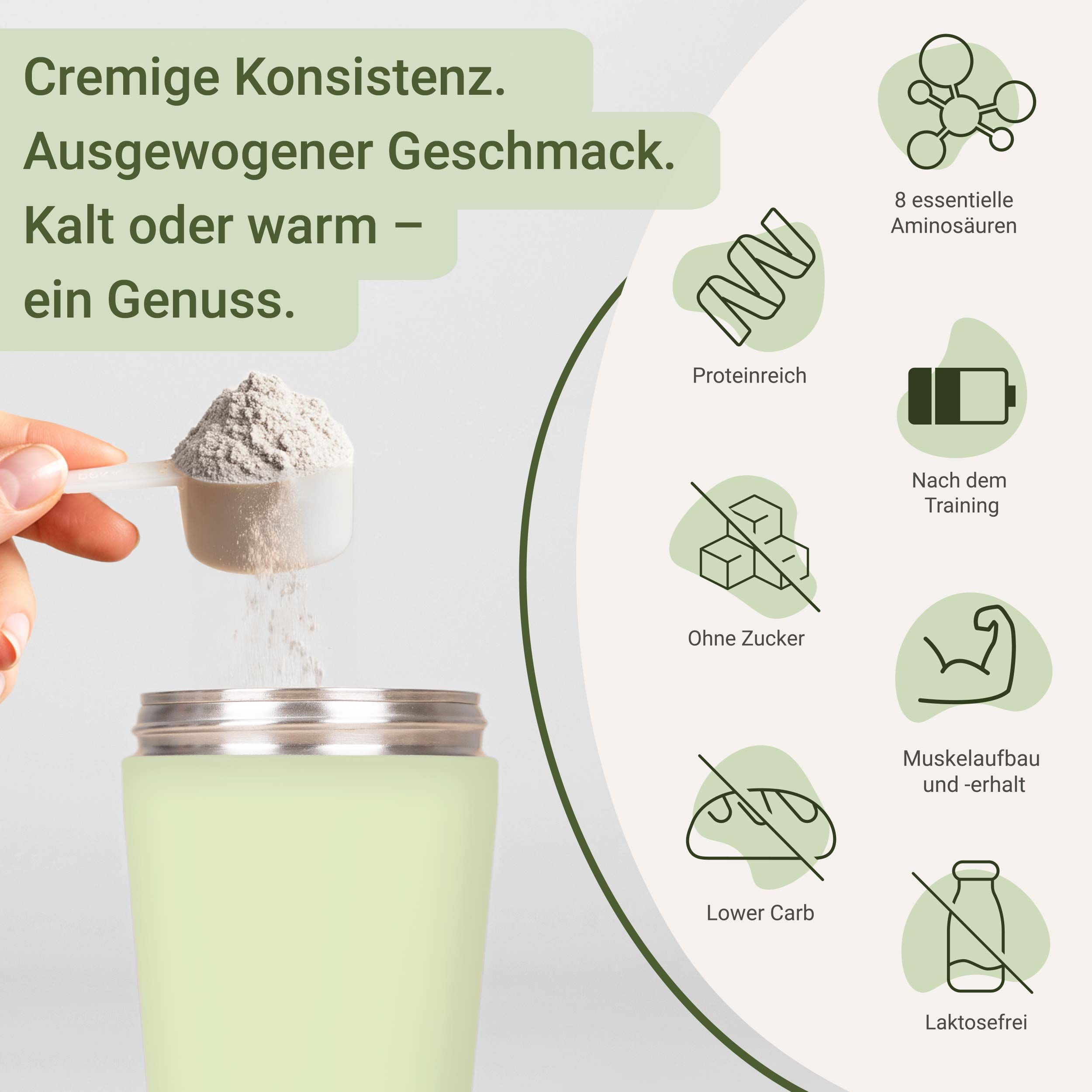 Person gibt Pulver in Shaker. Text: Cremige Konsistenz, ausgewogener Geschmack. Ohne Zucker, laktosefrei.