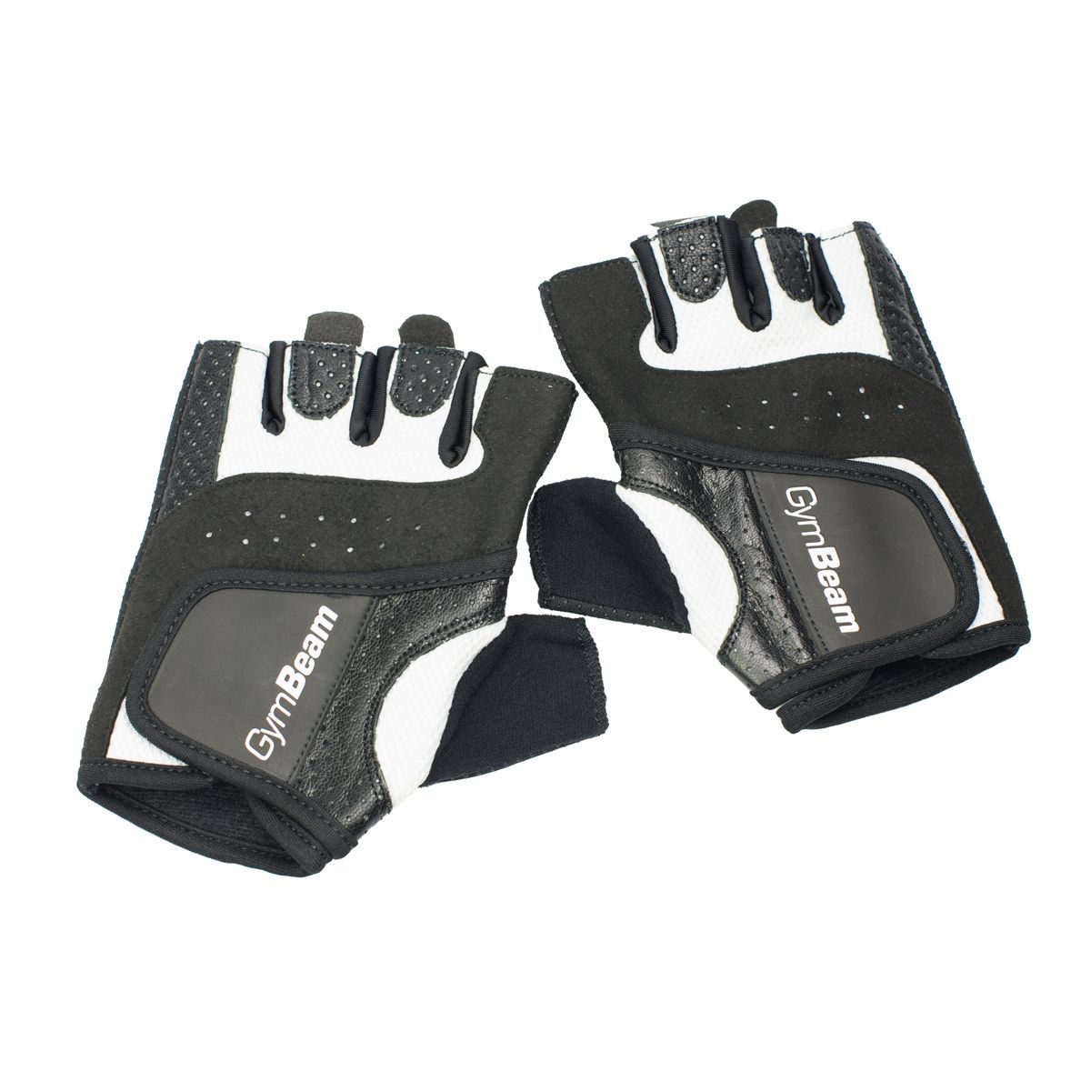 Damen-Fitnesshandschuhe aus Leder, schwarz und weiß, mit verstärkter Handfläche und GymBeam-Schriftzug.