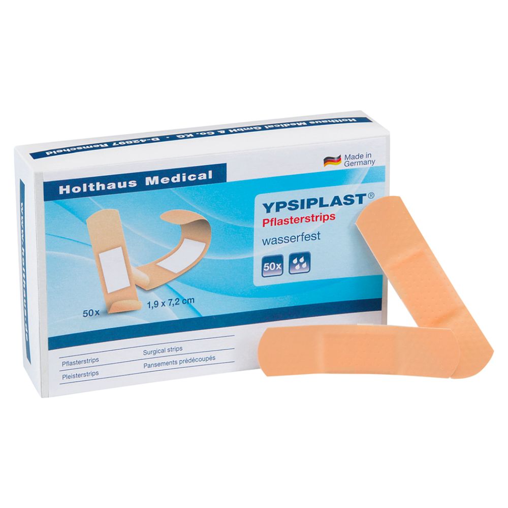 Verpackung mit YPSIPLAST Pflasterstrips. 50 Stück, wasserfest. Größe: 1,9 x 7,2 cm. Marke: Holthaus Medical. Hergestellt in Deutschland.