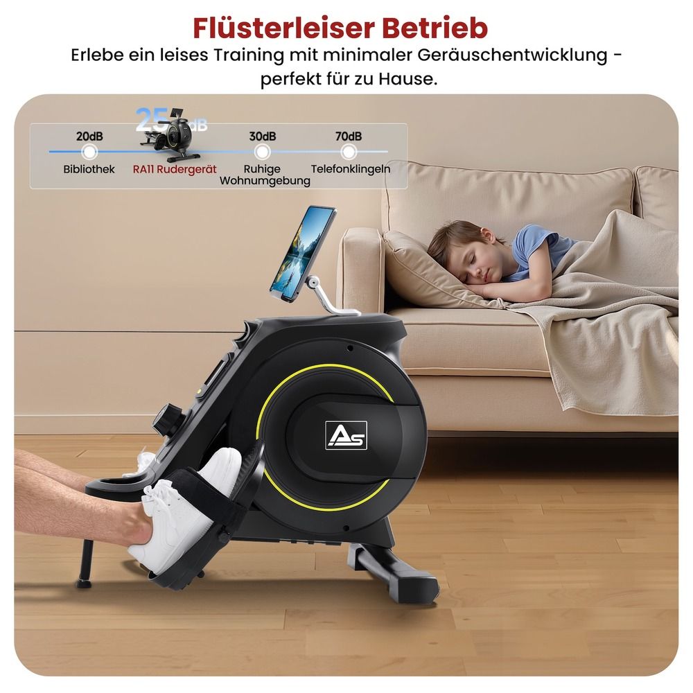 Nahaufnahme eines Rudergeräts mit Fokus auf das Schwungrad und die leise Betriebsgeräusch-Anzeige.