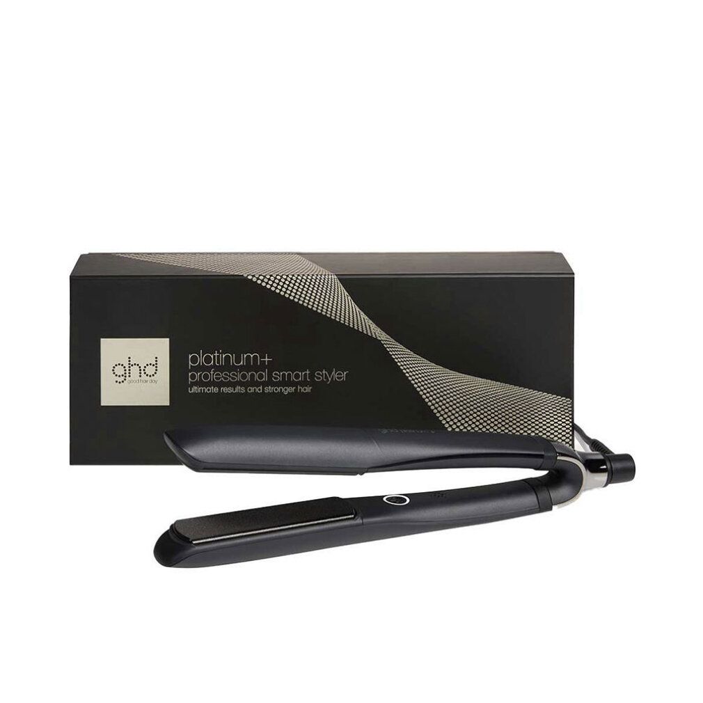 Schwarzes GHD Platinum+ Glätteisen mit Verpackung. Aufschrift: Platinum+, Professional smart styler.