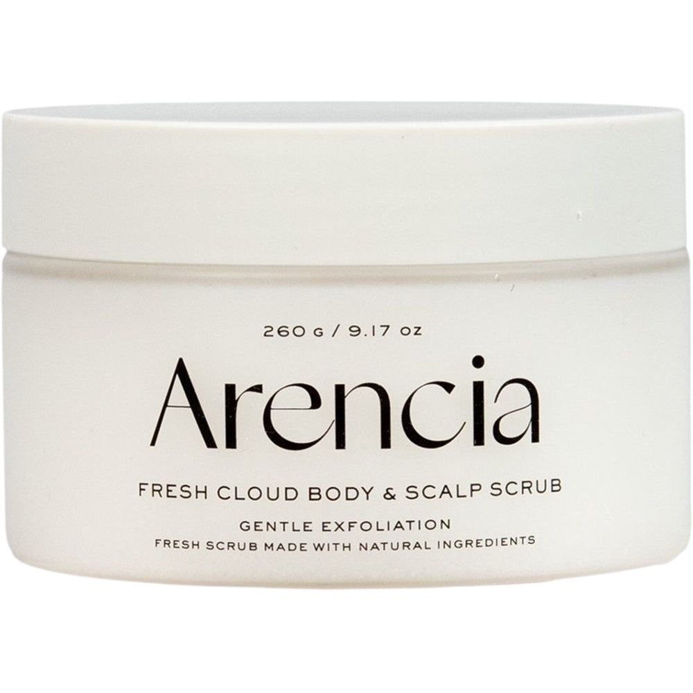 Weiße Dose mit ARENCIA Schriftzug, 260g / 9.17 oz. Körper- und Kopfhautpeeling.