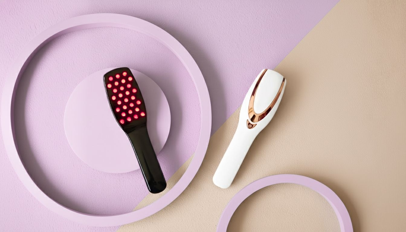 Zwei Haarbürsten-Geräte. Eine schwarze mit roten Lichtern, eine weiße mit goldenen Akzenten. Auf pastellfarbenem Hintergrund.