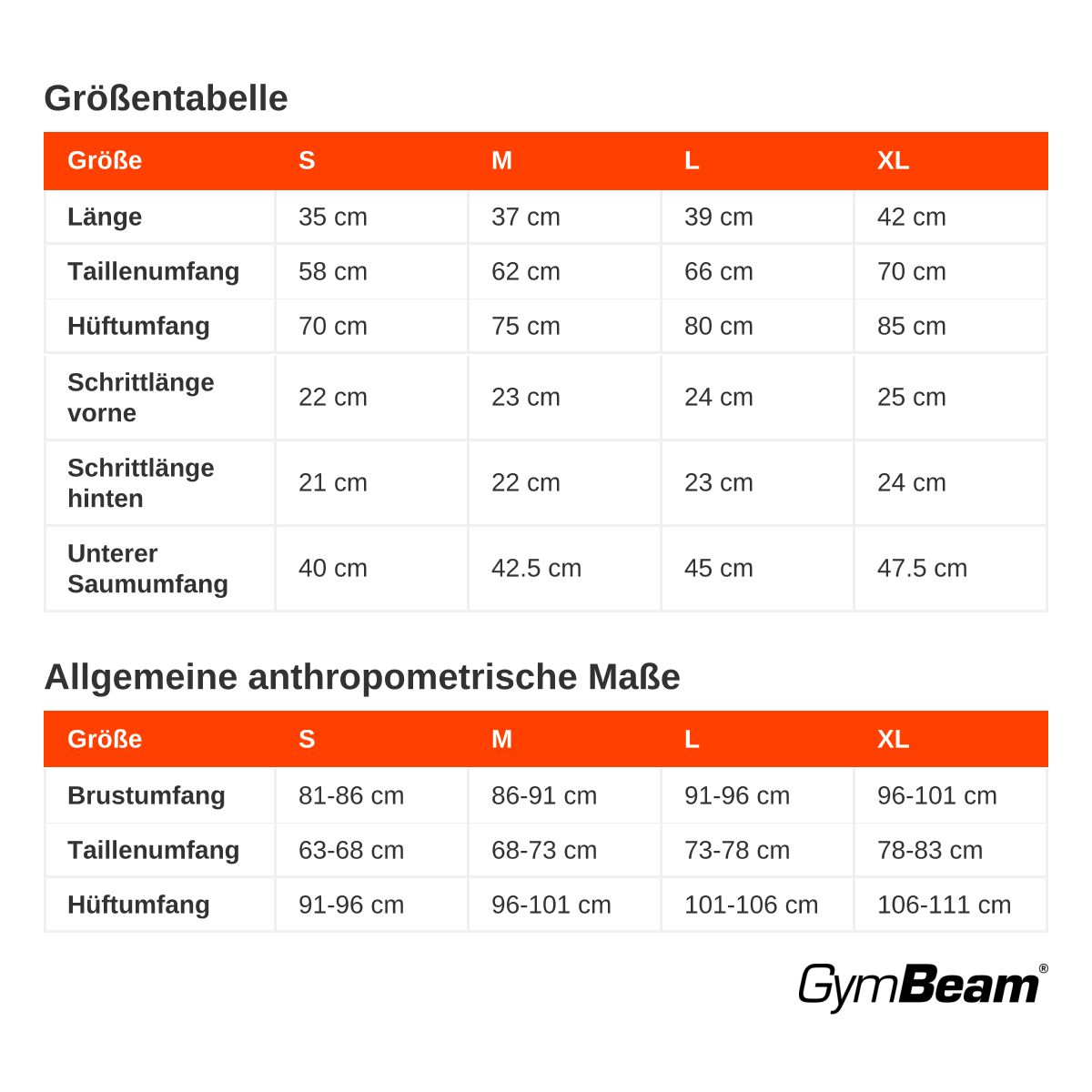 Größentabelle für Damen-Shorts mit Maßen in cm.