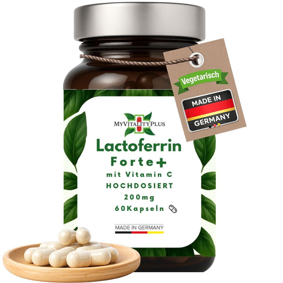 Braune Glasflasche mit silbernem Deckel. Etikett mit Produktinformationen: Lactoferrin Forte+, 200mg, 60 Kapseln. Marke: MyVitalityPlus. Mit Tabletten.