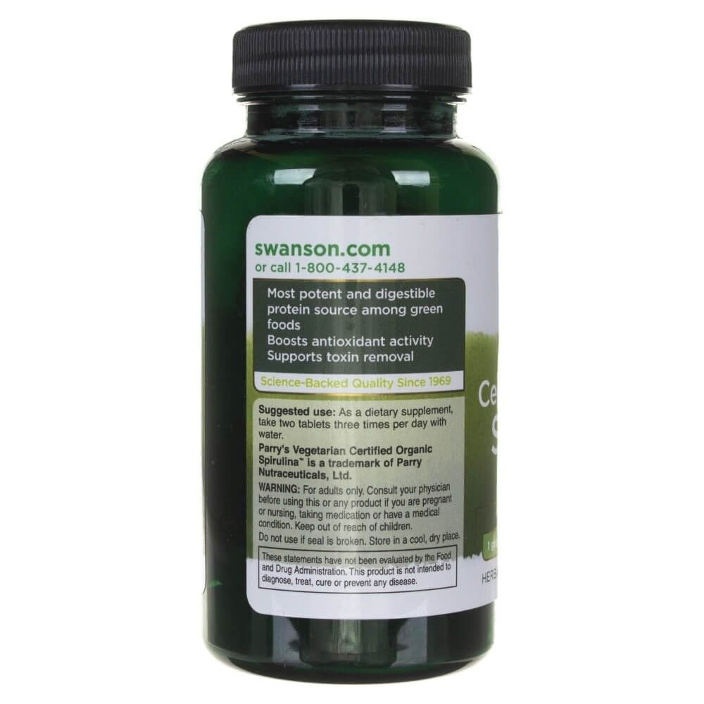Rückseite einer Flasche Swanson Zertifiziertes Bio-Spirulina mit Anwendungshinweisen und Warnungen.