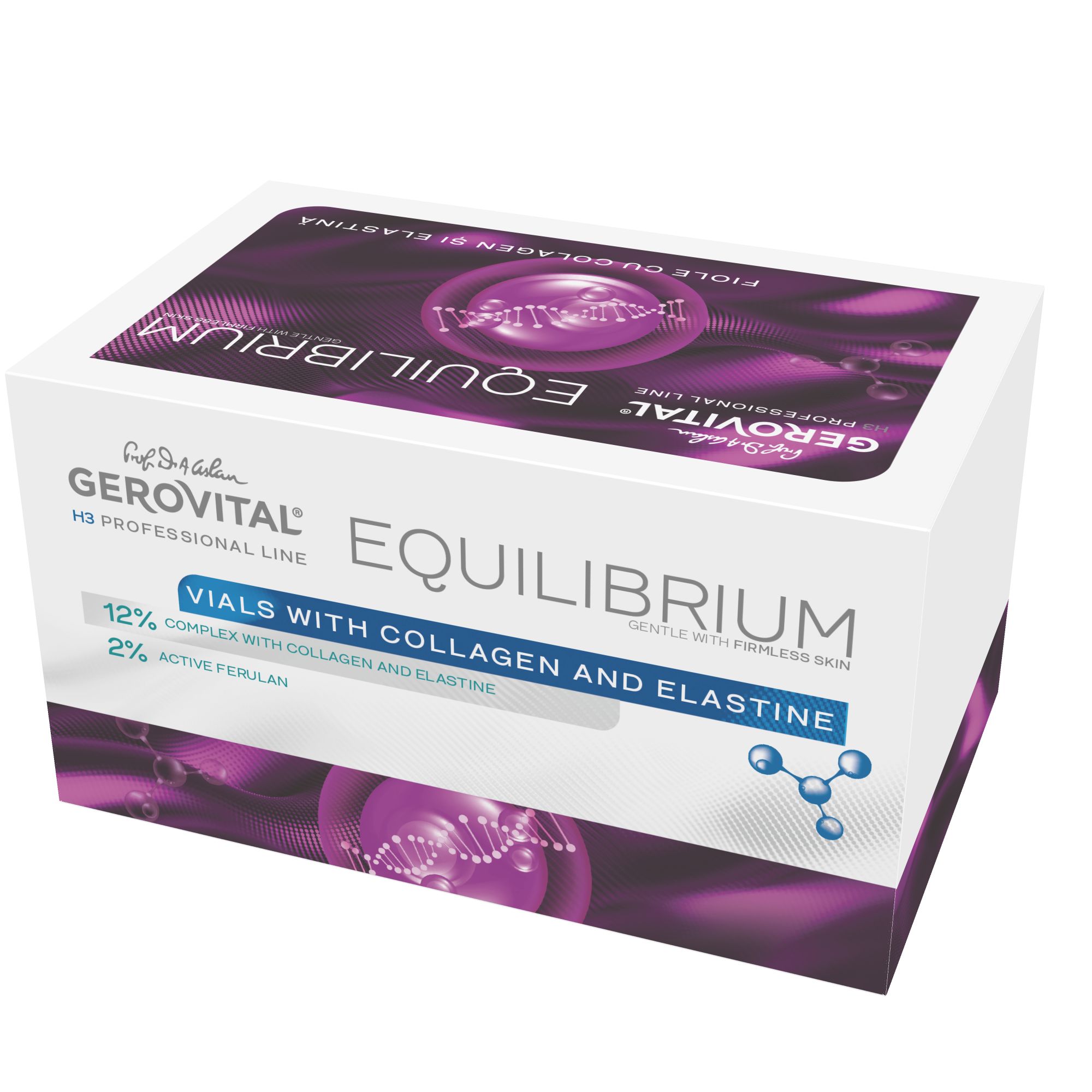 Produktverpackung, schräg von oben. Text: Gerovital, Equilibrium, Vials with Collagen and Elastine. Lila und weiße Farbakzente.