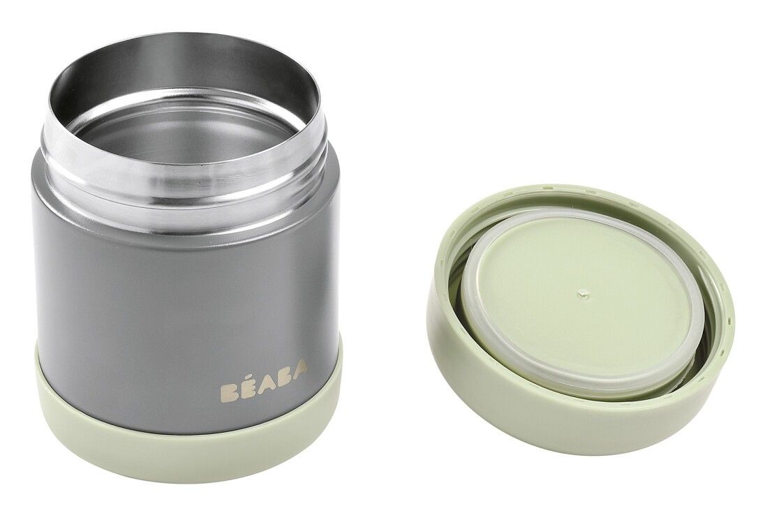 Thermo-Portionsbehälter, geöffnet. Innen Edelstahl, außen grau und hellgrün. Deckel daneben.
