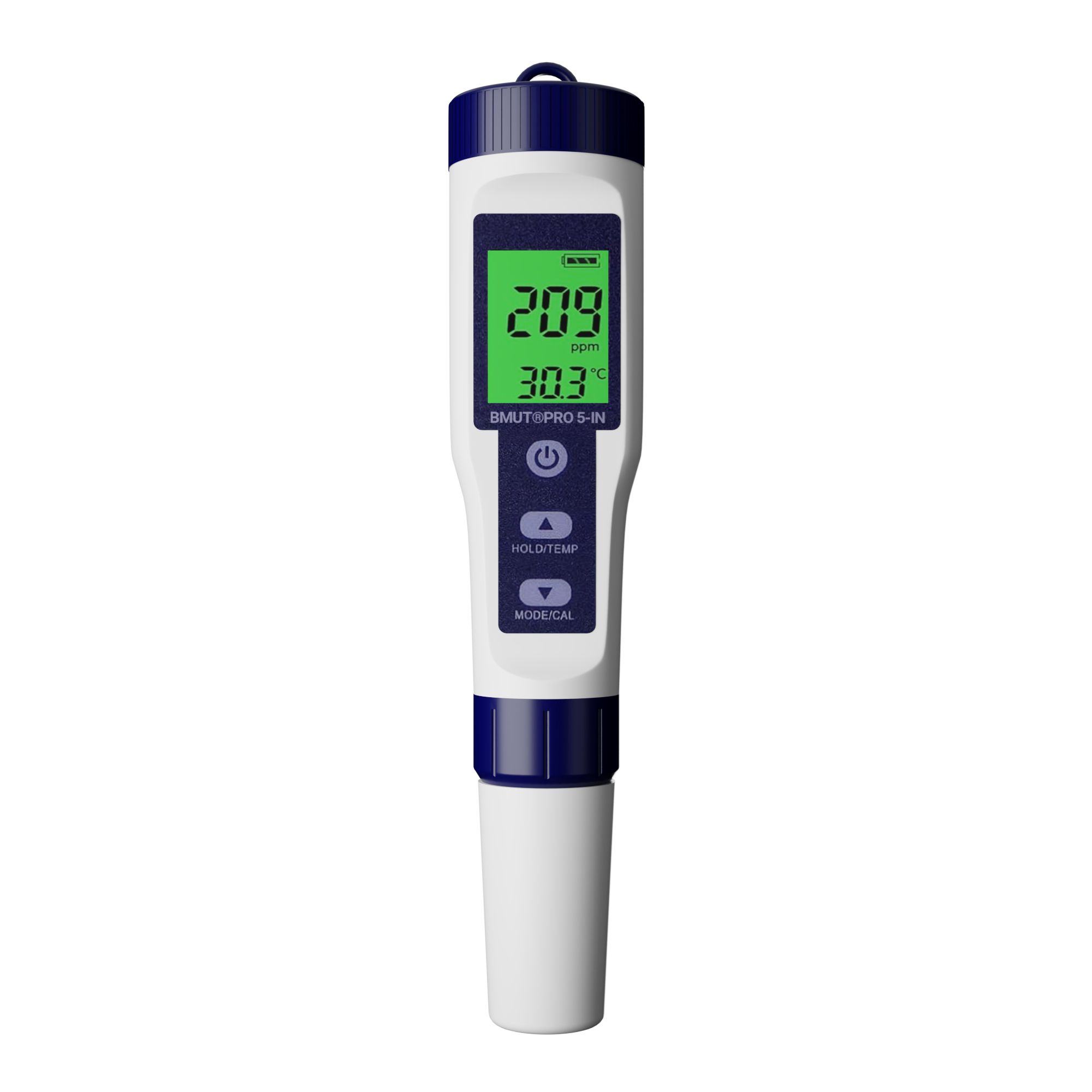 BMUT 5in1 pH TDS Messgerät. Weiß-blaues Gehäuse, Display mit Messwerten. Knöpfe: Hold/Temp, Mode/Cal. Messbereichsanzeige.