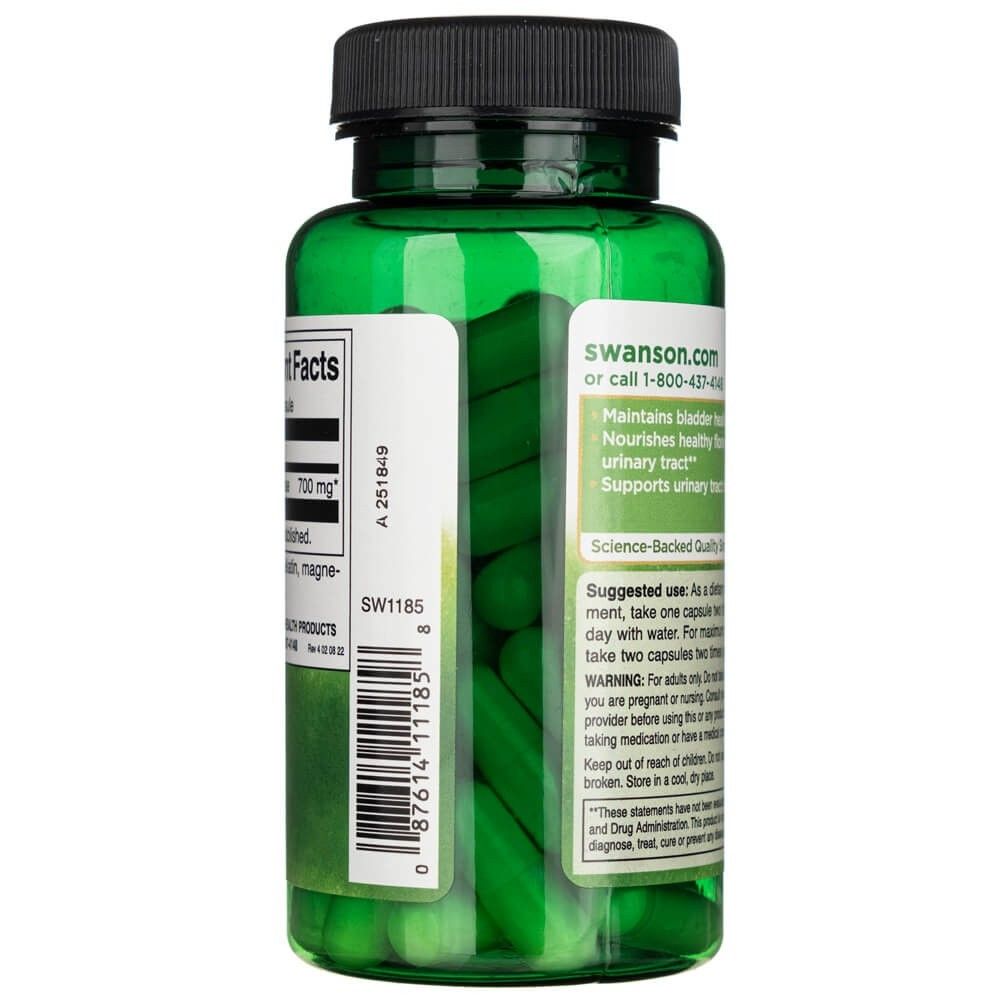 Seite der Flasche Swanson D-Mannose 700 mg mit Anwendungshinweisen und Qualitätsmerkmalen.