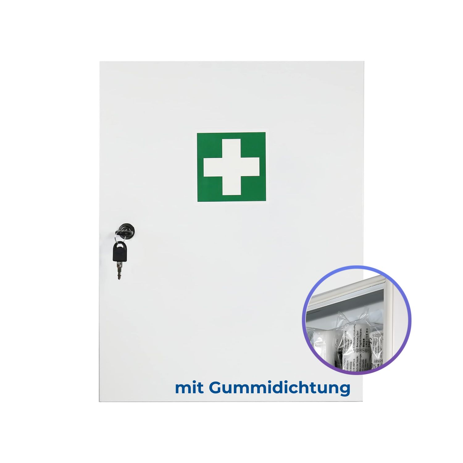 Weißer Verbandschrank mit grünem Kreuz. Mit Schlüssel. Gummilippe. Detailansicht.