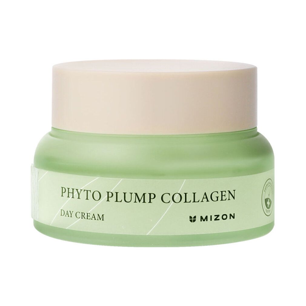 Grünes Cremeglas mit beigem Deckel. Aufschrift: Phyto Plump Collagen Day Cream. Marke Mizon.