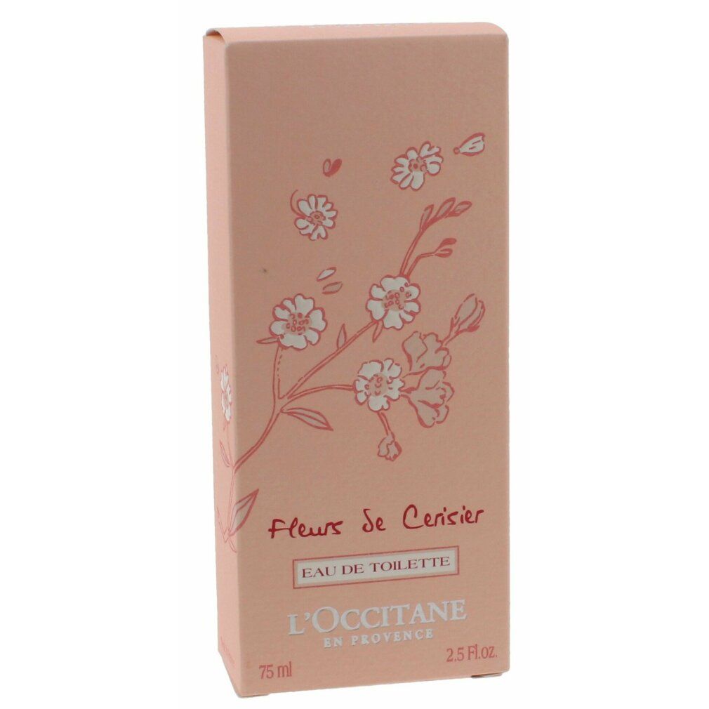 Rosa Karton mit Kirschblüten-Illustration. Aufschrift: Fleurs de Cerisier, Eau de Toilette, L'Occitane.