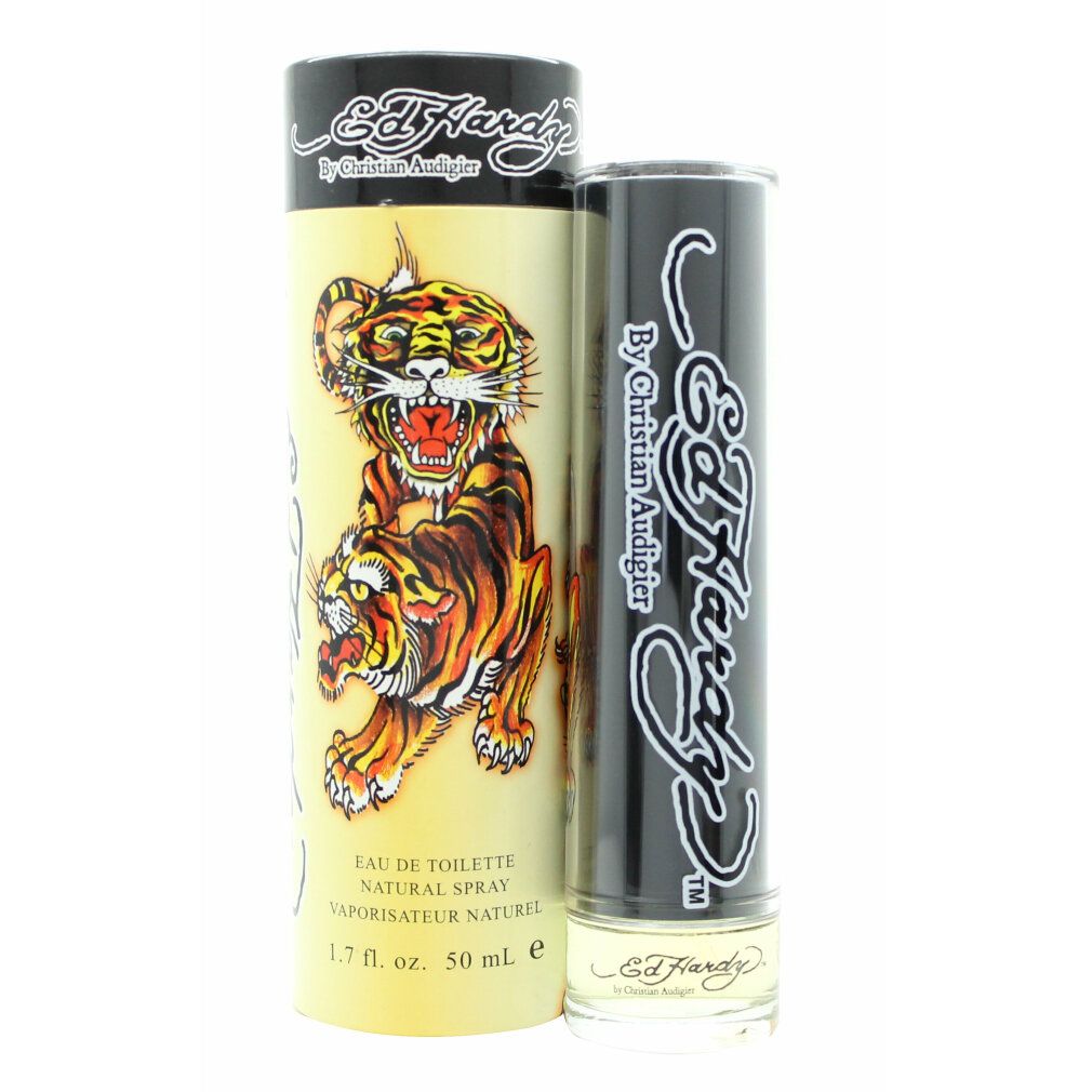 Parfümflasche und zylindrische Verpackung. Schwarzer Deckel mit Logo. Gelbe Verpackung mit Tiger-Illustration. Text: Ed Hardy, Eau de Toilette.