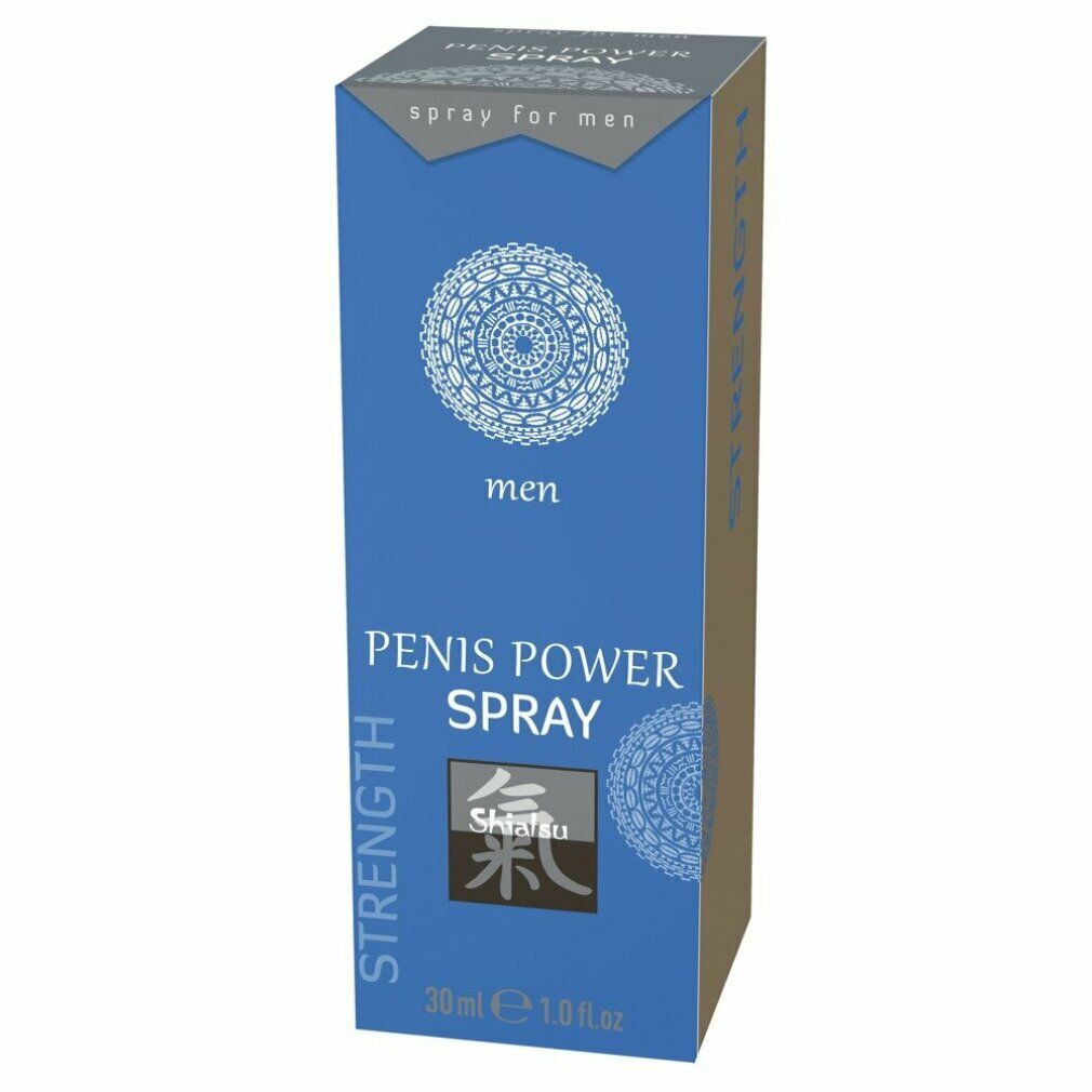 Blaue Schachtel mit Produktnamen und Logo. Text: Penis Power Spray, Shiatsu, men. 30 ml.