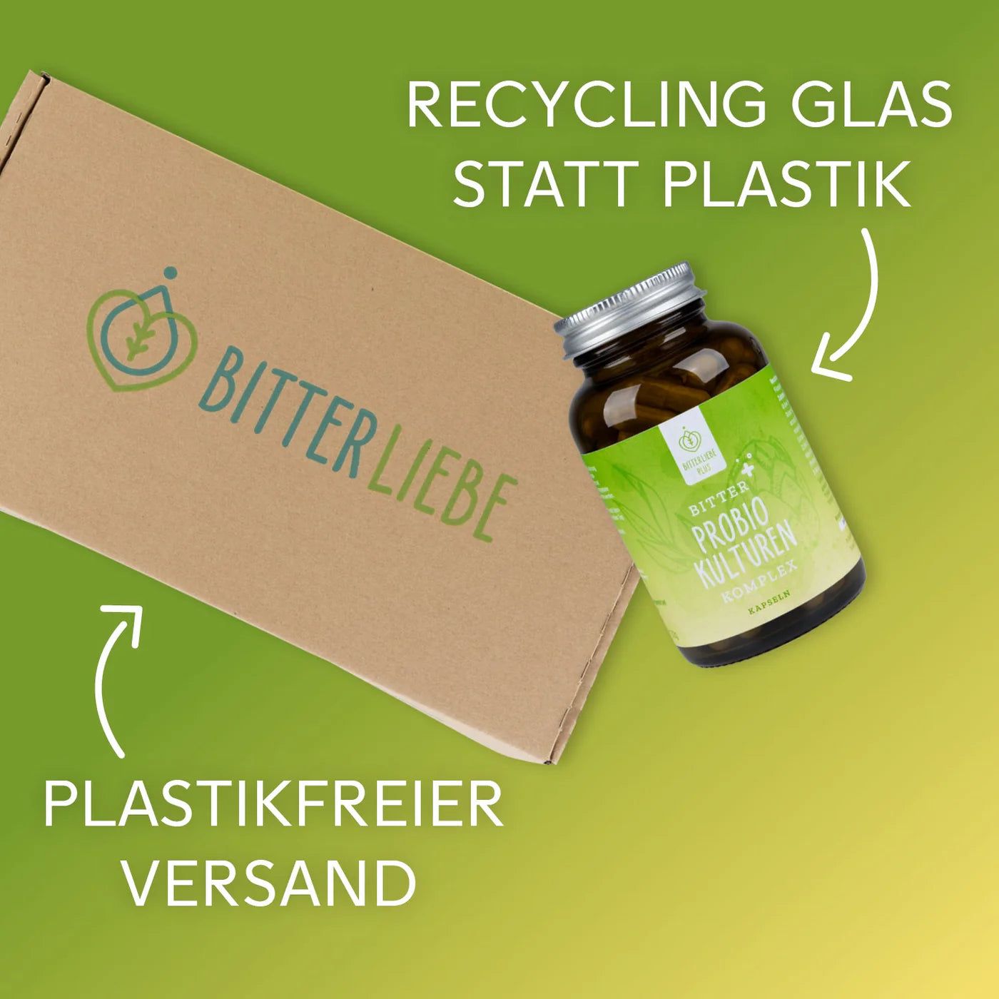 Braune Glasflasche mit BitterLiebe ProBio Kulturen Kapseln auf Karton. Text: Recycling Glas statt Plastik, plastikfreier Versand.