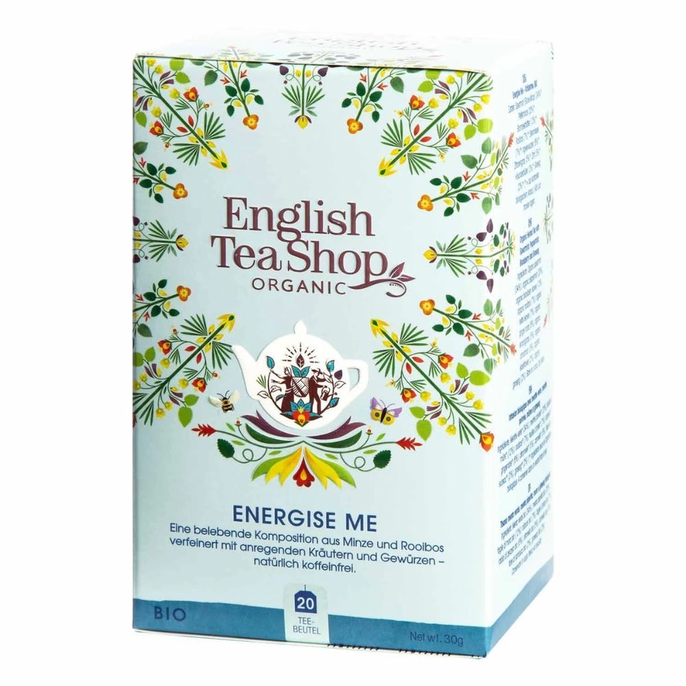 Teebox mit floralem Muster und Text. Aufschrift: English Tea Shop, ORGANIC, Energise Me. BIO-Zertifizierung.